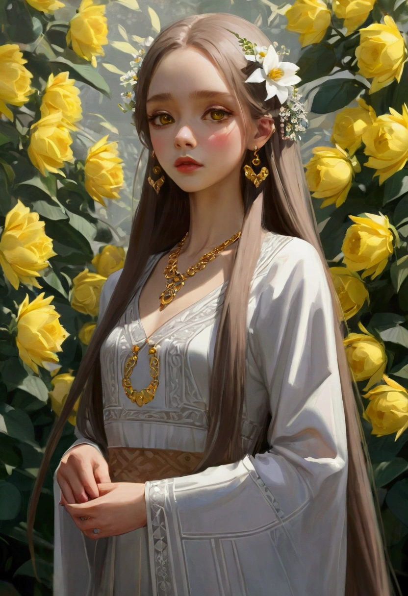 2D, Pastel colors, watercolor, Low color saturation,
Line Art, ((Inspired by Igor Kieryluk)), 
1 Girl, Solitary, Long hair, Hair accessories, Long sleeve, skirt, Keep, Brown eyes, Jewelry, Shut up, Upper Body, Weaving, earrings, Artist Name, Pattern, Wide sleeves, necklace, plant, yellow 花, 
 