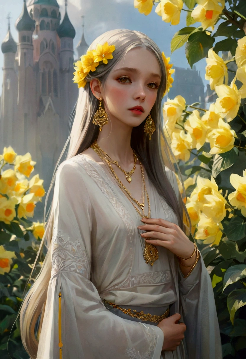 2D, Pastel colors, watercolor, Low color saturation,
Line Art, ((Inspired by Igor Kieryluk)),
1 Girl, Solitary, Long hair, Hair accessories, Long sleeve, skirt, Keep, Brown eyes, Jewelry, Shut up, Upper Body, Weaving, earrings, Artist Name, Pattern, Wide sleeves, necklace, plant, yellow 花,