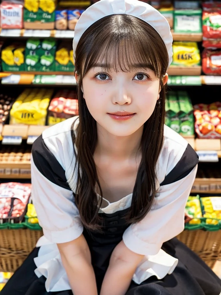 One Girl, (beautiful girl, Delicate girl:1.3), (************:1.3),
break, (Maid Costume:1.3),
break, (Sitting in the supermarket:1.2),
break, Very beautiful eyes, (Symmetrical eyes:1.3),
break, Small breasts, Brown eyes, Parted bangs, Brown Hair, (Upper teeth, The best smile:0.2),
break, (Eye and facial details:1.0),
break, (masterpiece, Highest quality, Very detailed, Detailed face, 8k)