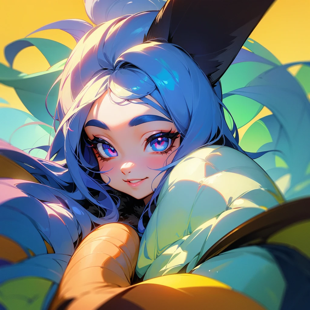 a child smiling demi-human raccoon, beautiful eyes, beautiful lips, cute face, long eyelashes, furry, 4k, vivid colors, cute, adorable, whimsical, fantasy and magical