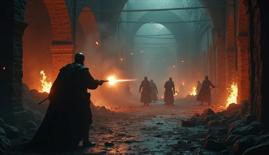 (masterpiece:1.2), (best quality:1.2), 8K, HDR, Extremely detailed, ((Reality)), Professional lighting, Movie Lighting, fashion photography, Ambient Lighting, background, dark的中世纪地牢, dark, epiC Photos, fire, Ground battle,City,Bullets rained down,fire光,Bullet marks,smoke,很有冲击感的background,No characters are added