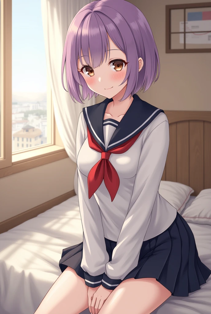 ((Highest quality)), ((masterpiece)), (detailed), One woman,student,cool,Ash purple hair color,Bobcut,Wanlenbob,Brown eyes,無表情
student服,Sailor suit,Western-style room,room,bed,sit,
