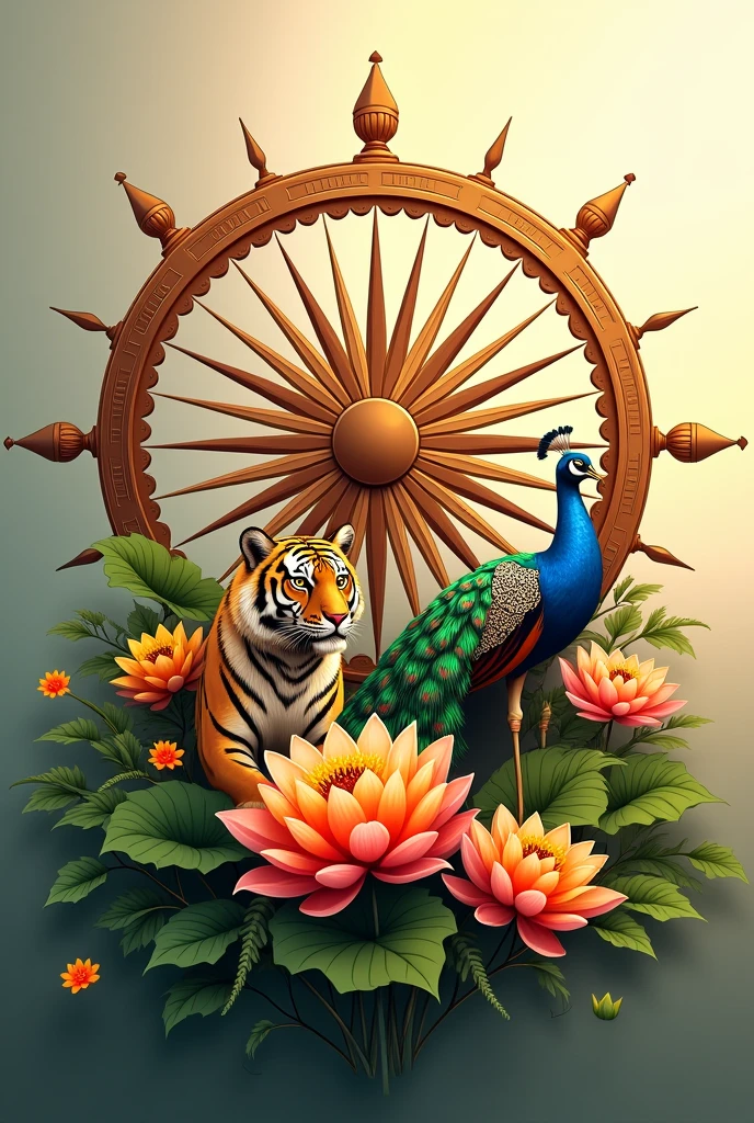 Generate the image of Ashoka chakra on top of it surrounds by national flower, national bird national animal 