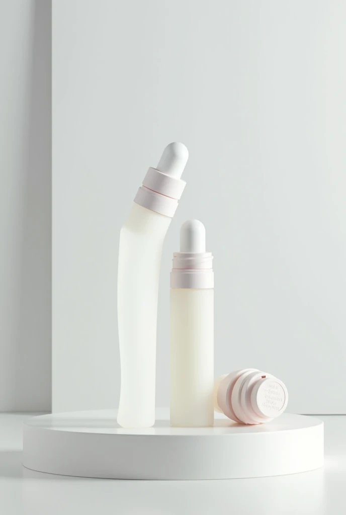 A sleek, frosted glass bottle with a cylindrical shape. The frosted finish gives a soft, refined look while protecting the serum from light.
2. Cap: A smooth, matte white or light pastel-colored cap. Consider a dropper cap for easy application, with a white or metallic finish for a touch of sophistication.