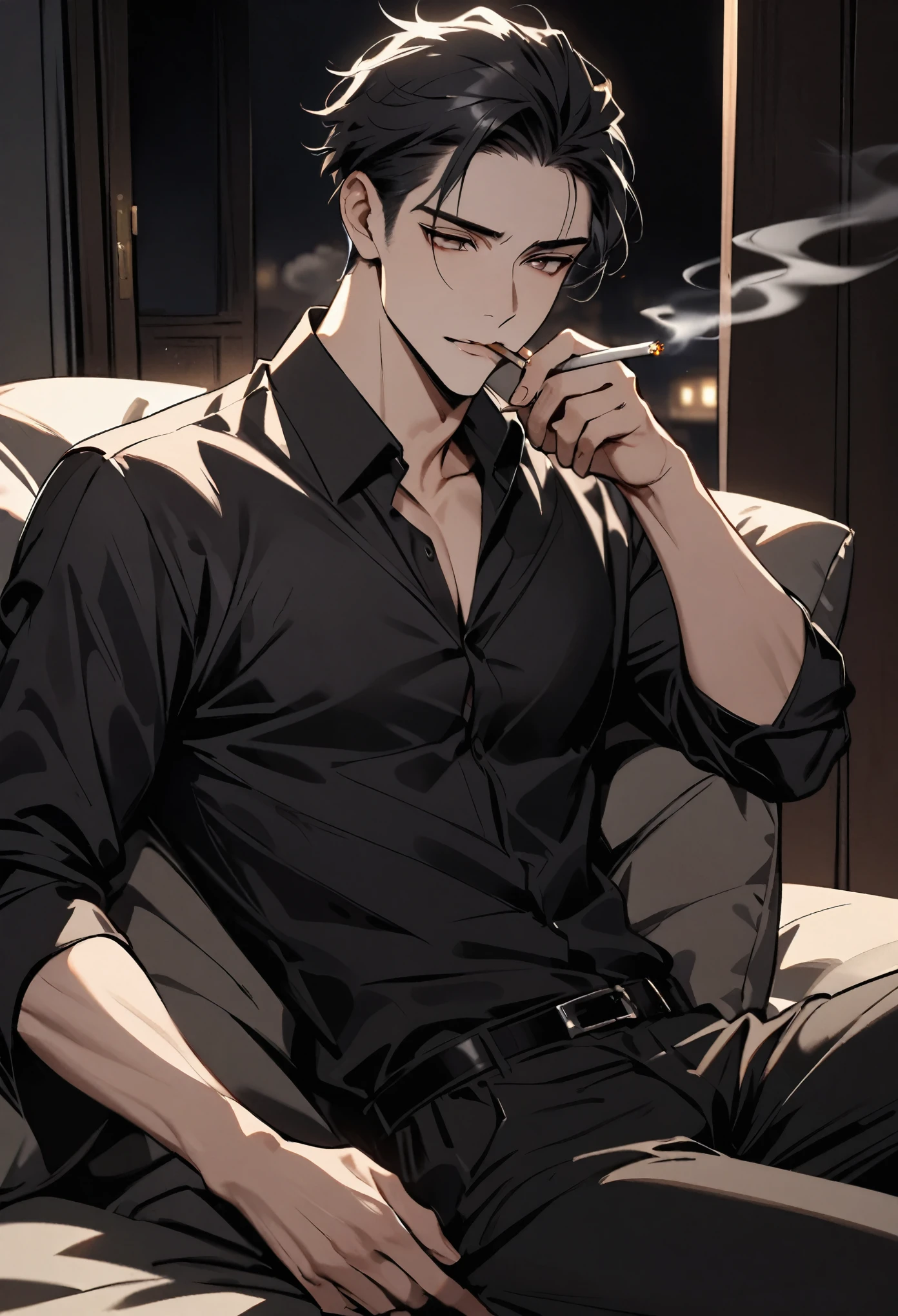 Handsome, Solitary, 1 male, Black hair with smoky grey tips, Brown eyes, Black shirt, Black pants, smokes, night, Background with room with open door，Ambiguous lighting，Cigarette in hand