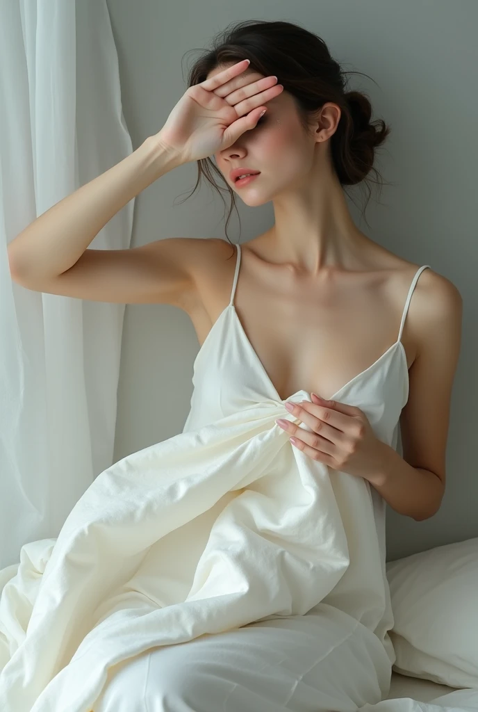 A Woman Holding a White quilt away from her Body with one Hand and covering her eYes with the other Hand gracefully