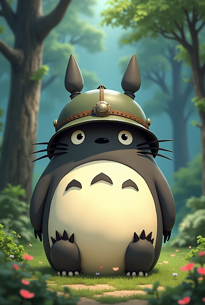 Totoro normal expression, wearing war helmet , in a whimsical forest