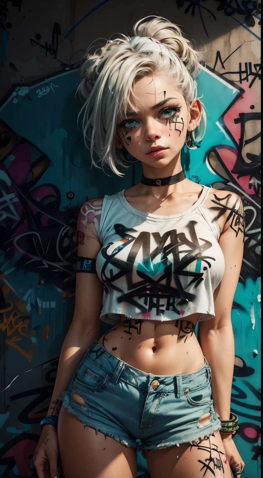 ​masterpiece, best quality, Tia has a fairly slim figure. She has white-grey hair , She has short hair and big light green eyes, crop top, Jeans-Shorts, neck ribbon, (Graffiti:1.5), paint splatters, Arms behind the back, against the wall, Viewers look at, 手链, Color on the body, head tilt, bored, Headset,
