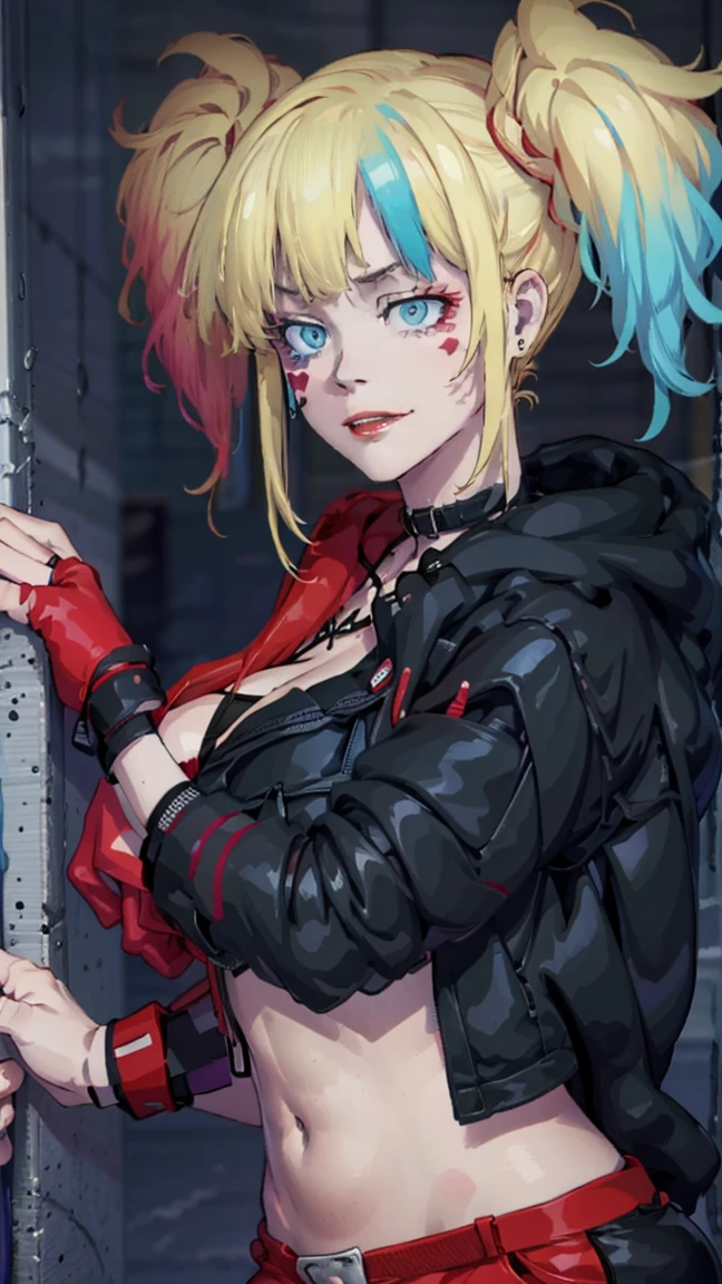 Harlequin, Harley Quinn, fringe, Blue eyes, blond hair, two tails, Correct anatomy 1.1., Very detailed hands, very detailed fingers, blue hair, multicolored hair, necklace, faded hair, draw up, penetrating, pink hair, lips, pomade, lips rojos, They are smiling, smile,
BREAK бедра, gloves, Navel, cutout, jewelry, Jacket, open clothes, shorts, gloves negros, Diaphragm, black thighs, gloves sin dedos, neck, bracelet, открытая Jacket, Jacket negra, Crop higher, torn clothes, shorts, tattoo, chain, ears, Jacket recortada, шипованный bracelet, studded collar, Micro shorts, Jacket multicolor, REST looks at the viewer, whole body, OUTDOOR RECREATION, BREAK (masterpiece:1.2), Best quality, a high resolution, unity 8k wallpaper, (illustration:0.8), (beautiful detailed eyes:1.6), very detailed face, perfect lighting, extremely detailed computer graphics, (perfect hands, Ideal Anatomy), sexual body, blush, ((huge breasts)), sexual