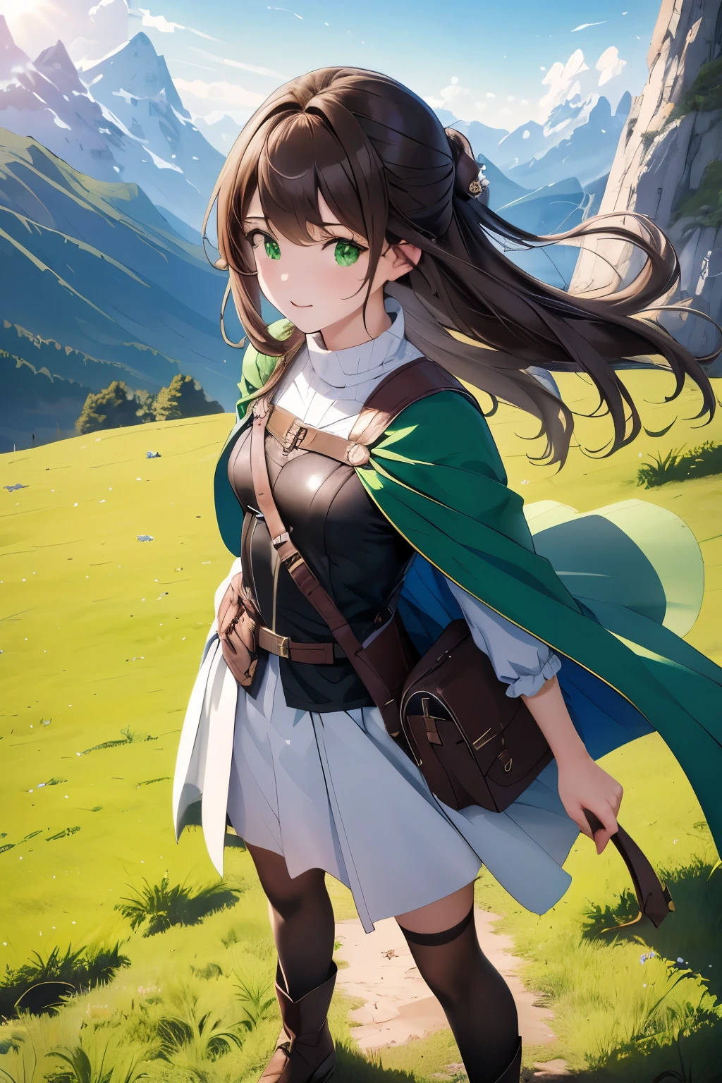 ((masterpiece, Highest quality, High resolution, 超High resolution, Pixel perfect, Written boundary depth, 4K, RTTX 10.0, High resolution))), 1 girl, single, alone, Beautiful Anime Girls, Beautiful art style, Anime characters, ((Shortcuts, bangs, Dark brown hair)), ((Green Eyes:1.4, Round eyes, Beautiful eyelashes, current eyes)), ((Smooth texture:0.75, Anime CG style)), ((Dynamic Angle, close)), Perfect body, (pretty girl), Normal chest, whole body, ((4K, 8k, Highest quality, Perfect Fingers: 1.3, Perfect Anatomy: 1.3, Background Blur)), whole bodyアングル, An adventurer girl standing in the middle of a vast green field, She wears a slightly worn leather outfit., Boots and a small cape fluttering in the wind, With a confident look, They have bright, curious eyes., Long hair tied back, A small backpack packed with adventure essentials, Mountains towering in the distance々Under the blue sky with a background of