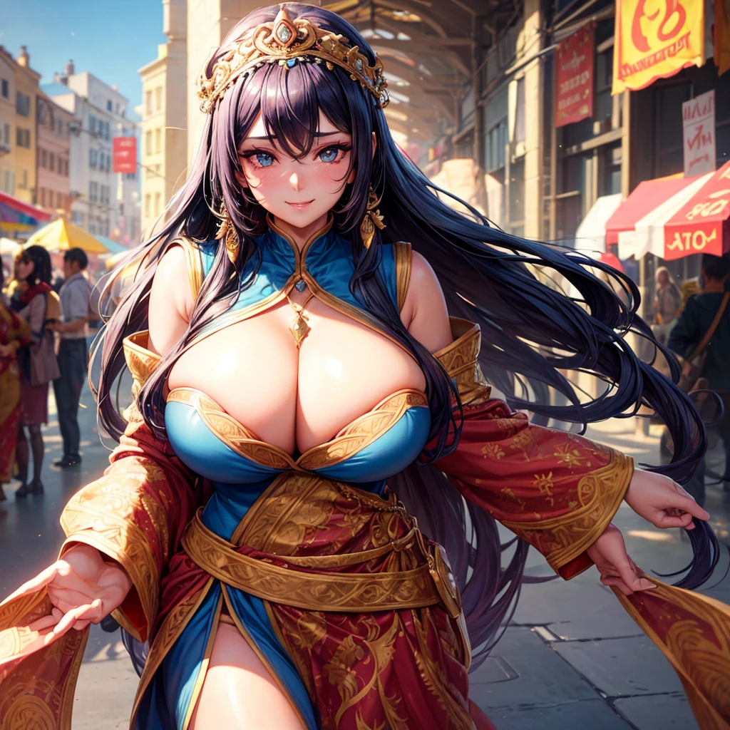 A half body of confident-looking Bangladesh woman with long and thick hair, (masterpiece, best quality:1.2), looking at viewer, hazel eyes, a smile on the face, royal and lusty look, posing like a professional model for a photoshoot, (((big breast))), perfect composition and light, hyper realistic, super detailed, 8k, high quality, trending art, trending on art station, photo, intricate details, highly detailed,((cropped open huge boobs)), (((Quayside Market detail background)))), (((wearing a colourful Hijab with a headwear with designs and patterns with sleeves))), ((((big sexy Hour Glass body shape)))), ((((Quayside Market detailed background behind her)))), (((Portrait Fashion Photo))), ((long wavy thick hair style)), (((hyper realistic skin texture with makeup with blush face))), hair bobbles, wince, solid circle eyes, light smile, ear blush, fang, ccurate, makeup, Surrealism, drop shadow, anaglyph, stereogram, tachi-e, pov, atmospheric perspective, glowing light, backlighting, ray tracing, image fill, anaglyph, stereogram, scanlines, speed lines, silhouette, vignetting, 8k, super detail, best quality