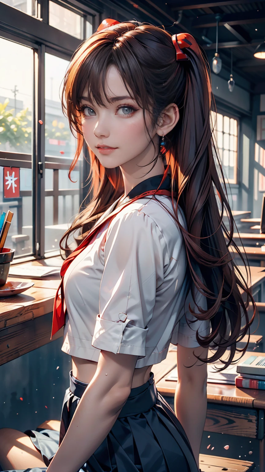 A masterpiece portrait of a smiling Soryu Asuka Langley (Evangelion), Evangelion (Hideaki), Caustics, High resolution illustrations, Blue eyes, feminine, No students, Red Hair, Twin tails, Japanese School Uniform, loafers, Spank, Synthwave, paint Splashs, Shaded flat illustration, Digital Art, Trending on Art Station, Very detailed, The finer details, Complex, Splash, Overtake, Vaporware, Neon color