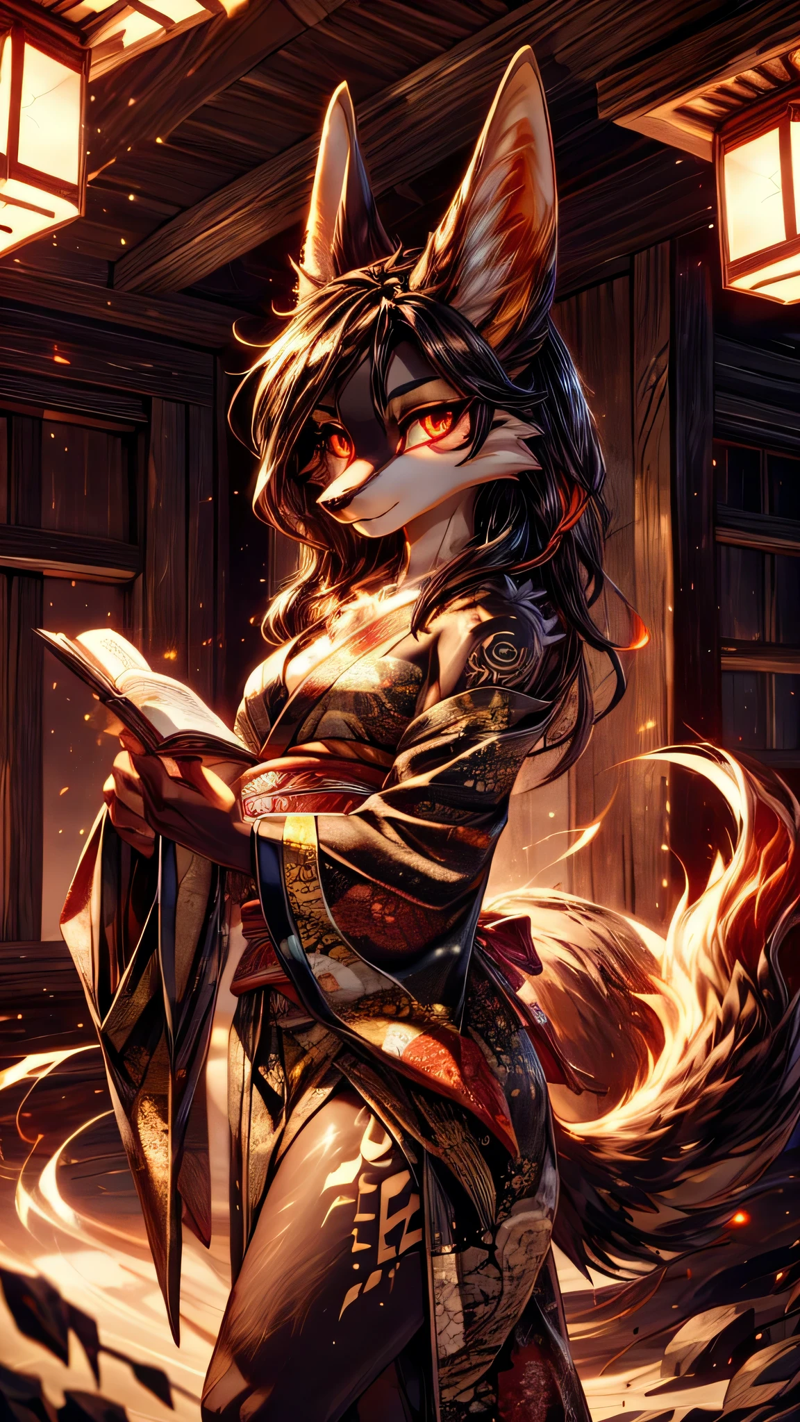 Masterpiece Best quality, the best definition to add aesthetic and lighting details black girl jackal, egiptian clothes, teen girl, black body, japanese shrine landscape, golden tattoo body, sensual eyes, red pupil, glowing eyes, traditional japasse kimono