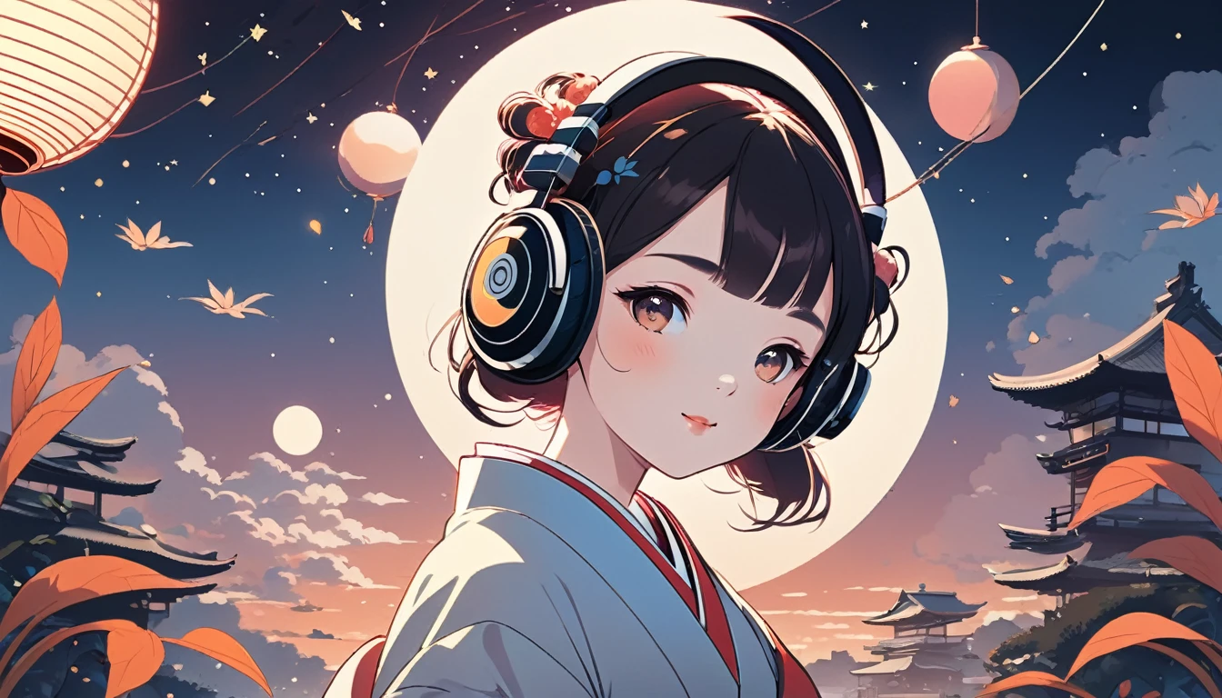Maiko wearing Japanese style headphones、fan、Wide-angle lens, Lofi Anime, Lofi illustration, Aesthetic atmosphere, Lo-Fi Style, Vector art, Flat Design, Simple shape, Warm tones, Pleasant atmosphere, Chill, In anime style, Digital drawing, Vector art, Vector logo for t-shirt printing, (Adorable:1.5), (small:1.4), (Playful:1.2), (soft:1.3), (Whimsical:1.1), masterpiece, Highest quality, 8k, Intricate details, grow, Celestial, Mysterious, Picturesque, amazing, Majestic, Magic, Fantasy art, Cover art, dream-like