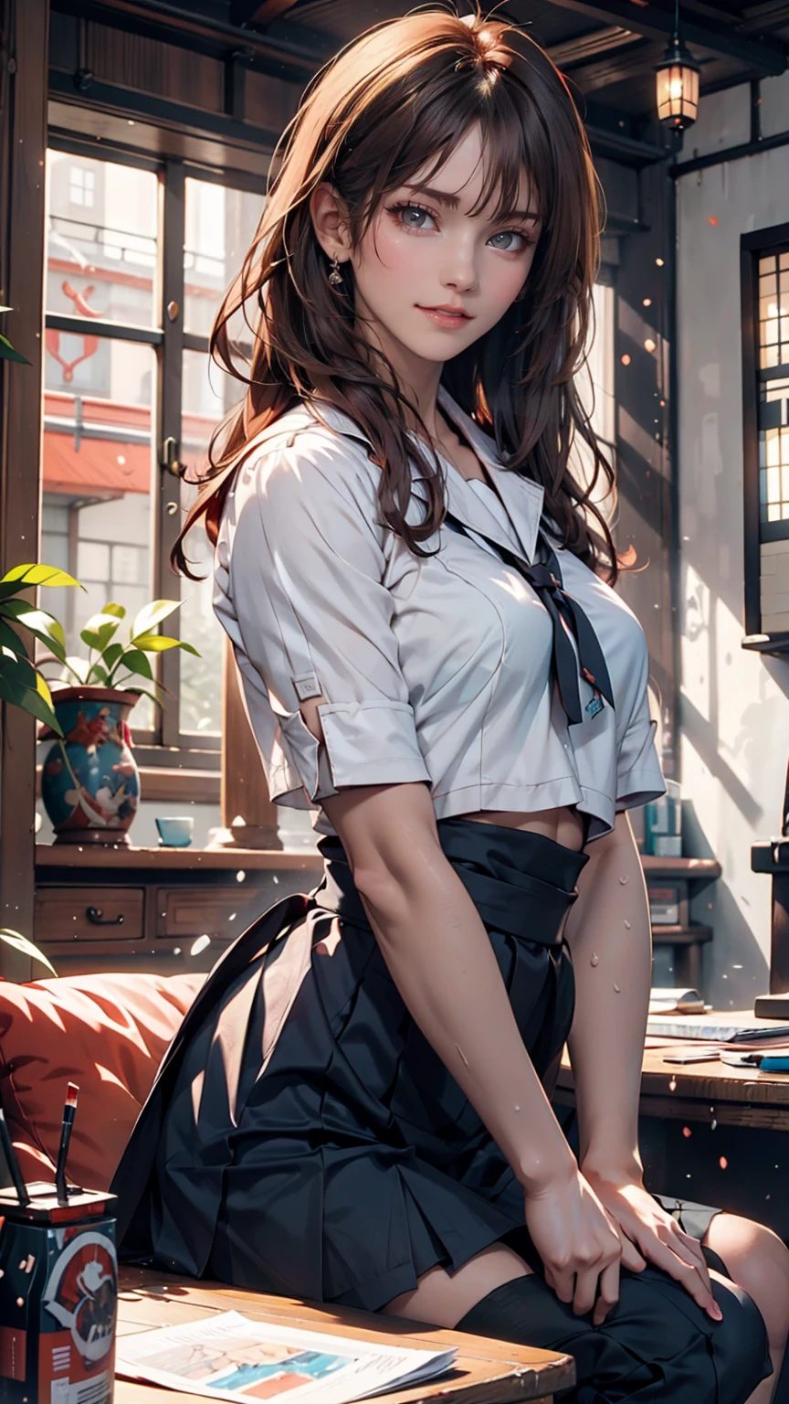 A masterpiece portrait of a smiling Soryu Asuka Langley (Evangelion), Evangelion (Hideaki), Caustics, High resolution illustrations, Blue eyes, feminine, No students, Red Hair,  Twin tails, Japanese School Uniform, loafers, Spank, Synthwave, paint Splashs, Shaded flat illustration, Digital Art, Trending on Art Station, Very detailed, The finer details, Complex, Splash, Overtake, Vaporware, Neon color