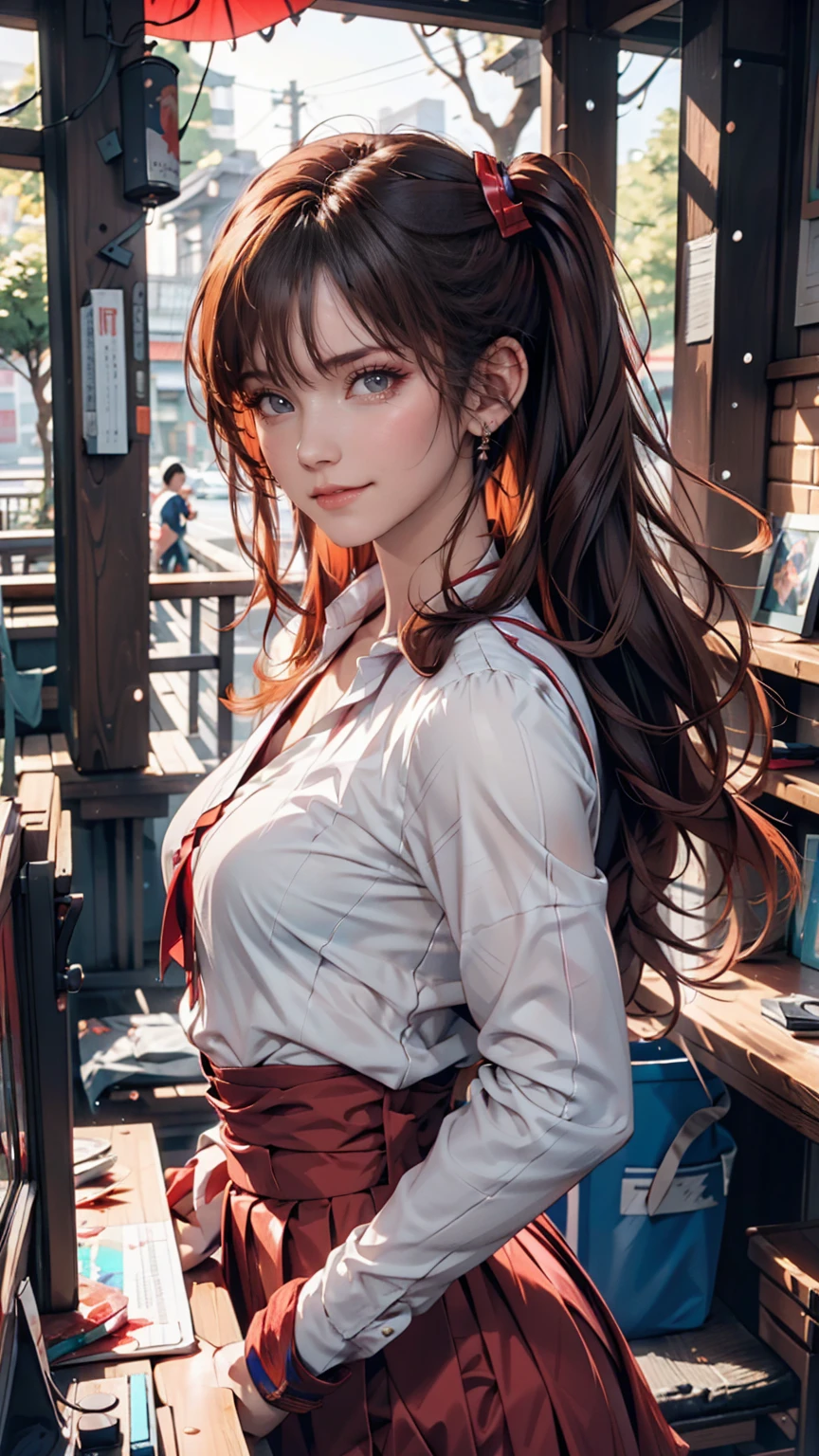 A masterpiece portrait of a smiling Soryu Asuka Langley (Evangelion), Evangelion (Hideaki), Caustics, High resolution illustrations, Blue eyes, feminine, No students, Red Hair, Twin tails, Japanese School Uniform, loafers, Spank, Synthwave, paint Splashs, Shaded flat illustration, Digital Art, Trending on Art Station, Very detailed, The finer details, Complex, Splash, Overtake, Vaporware, Neon color