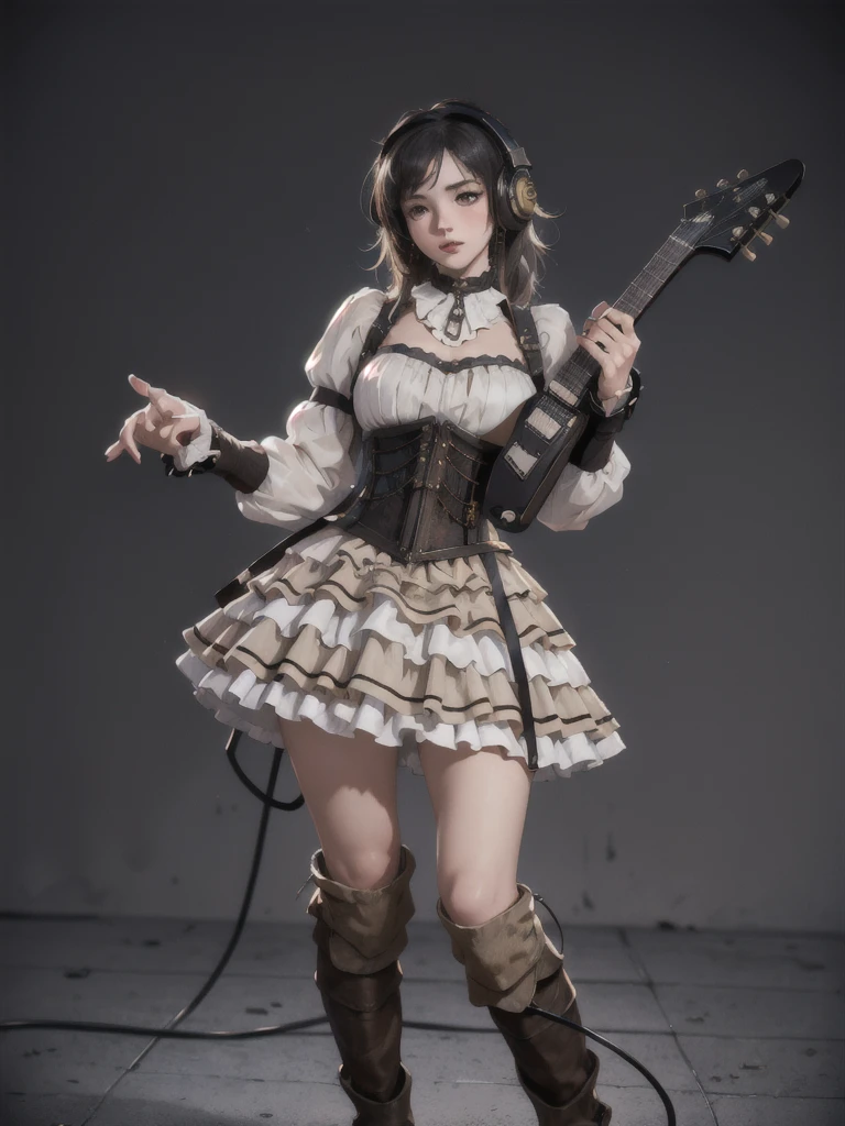 (Highest quality, Super detailed), steampunk, washed off, One girl, alone, (playing Electric guitar, Electric guitar:1.1), Old dresses, (Layered Dresses, Frillsのドレス, Frills:0.8), corset, Long sleeve, Knee Boots, headphone, steampunkai, speaker, reduce,