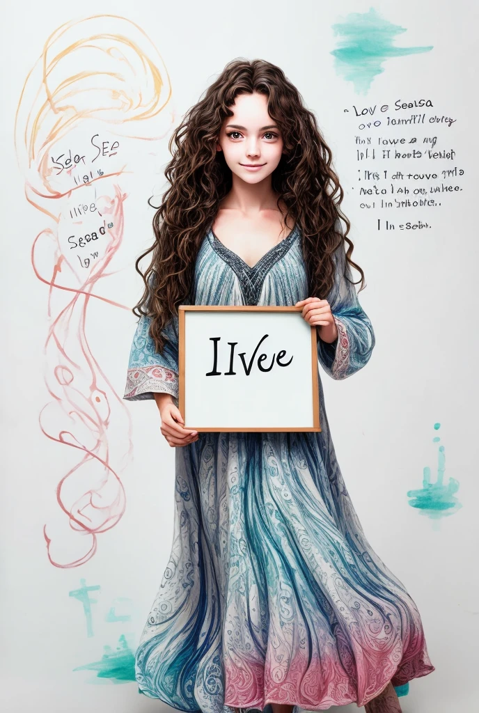 Beautiful girl with wavy long hair, bohemian dress, holding a white board with text "I Love Seaart Infinity" and showing it to the viewer