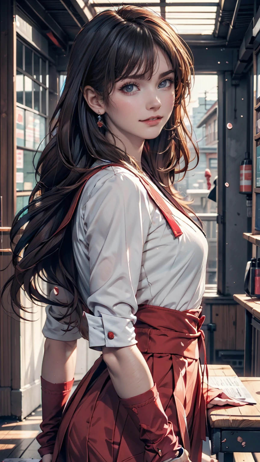 A masterpiece portrait of a smiling Soryu Asuka Langley (Evangelion), Evangelion (Hideaki), Caustics, High resolution illustrations, Blue eyes, feminine, No students, Red Hair, Twin tails, Japanese School Uniform, loafers, Spank, Synthwave, paint Splashs, Shaded flat illustration, Digital Art, Trending on Art Station, Very detailed, The finer details, Complex, Splash, Overtake, Vaporware, Neon color