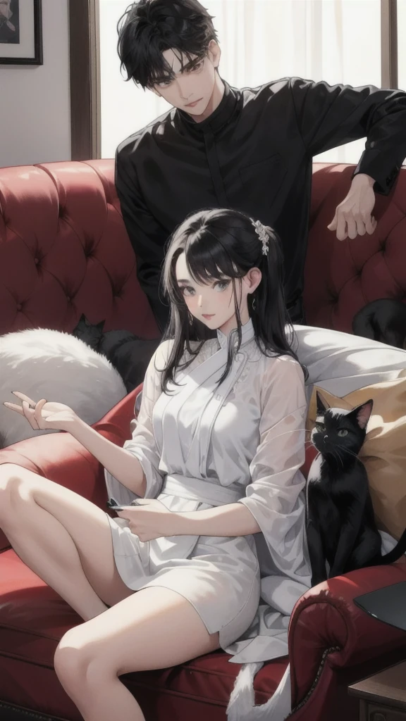 Young caucasian guy and young caucasian girl sitting on a sofa in an apartment watching TV with several cats.,black hair, Black Cat,White cat รายละเอียดสูง, ถูกต้องตามกายวิภาคศาสตร์, รายละเอียดมาก, ความละเอียดสูงสุด, โมเดลความละเอียดสูง,