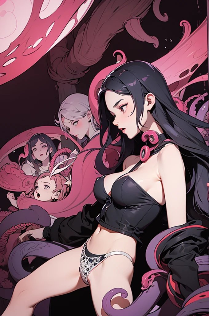 ((superflat, masterpiece, flat shading, flat colors:1.1)), Cinematic shot of lesbian sex orgy where multiple females penetrated by tentacles, (((4 girls and females))), ((tentacles on necks )), (big breasts), many tentacles, hands in panties, perfect bodies, (attacked by tentacles), sexy black underwear,, shy, (tentacles around), high contrast light on body, face in shadow, perfect composition, highly detailed, pink tentacles