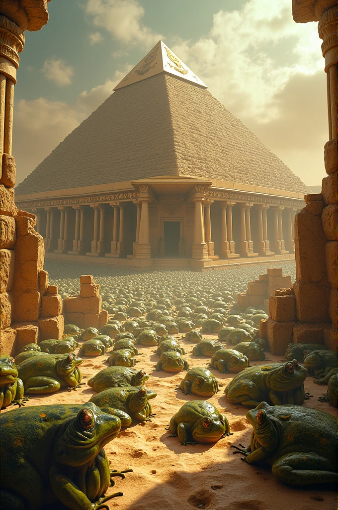 Create an image of millions of frogs entering Egypt and inside the pyramids where the Pharaoh and the queens of Egypt were 