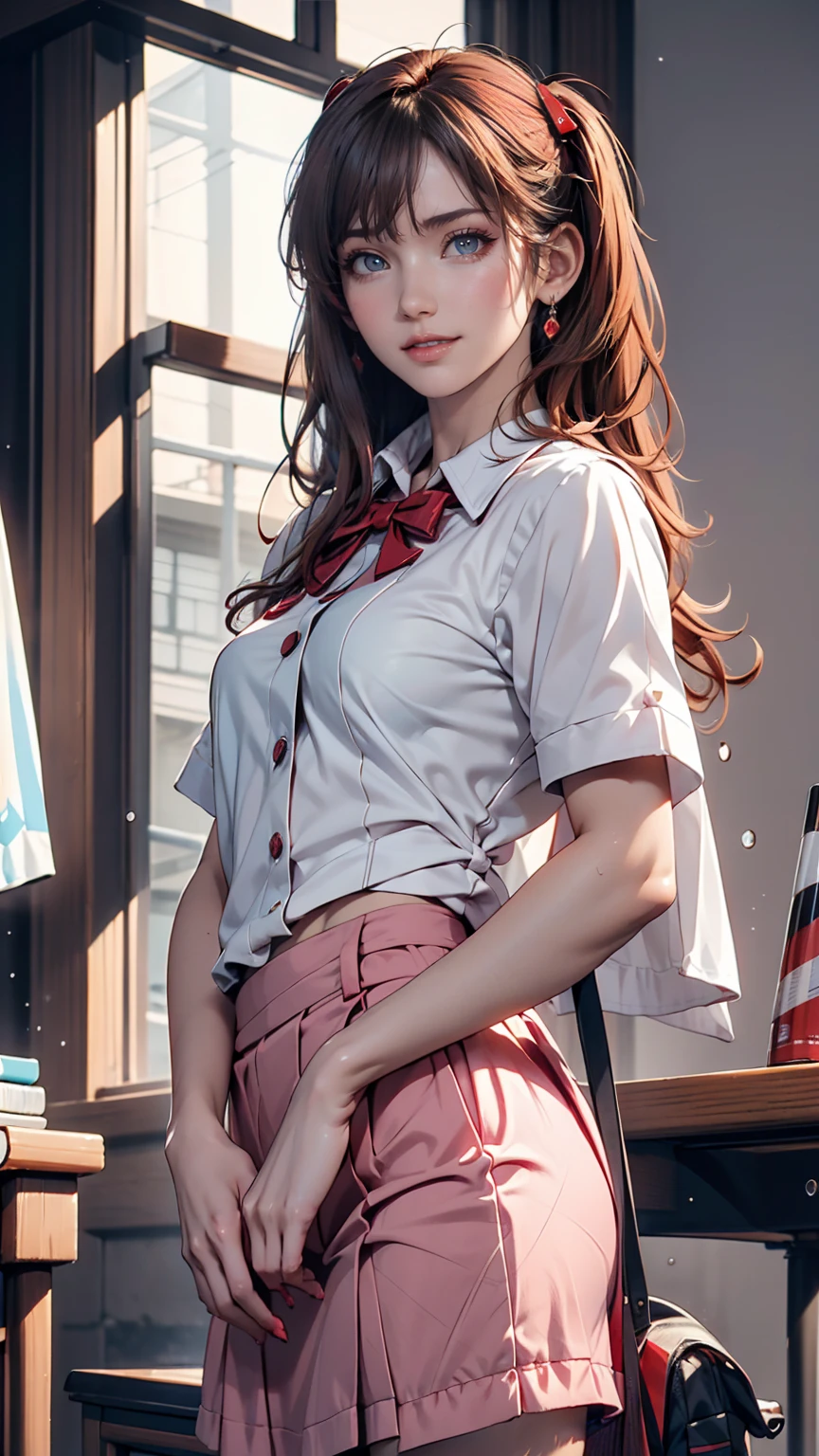 A masterpiece portrait of a smiling Soryu Asuka Langley (Evangelion), Evangelion (Hideaki), Caustics, High resolution illustrations, Blue eyes, feminine, No students, Red Hair, Twin tails, Japanese School Uniform, loafers, Spank, Synthwave, paint Splashs, Shaded flat illustration, Digital Art, Trending on Art Station, Very detailed, The finer details, Complex, Splash, Overtake, Vaporware, Neon color