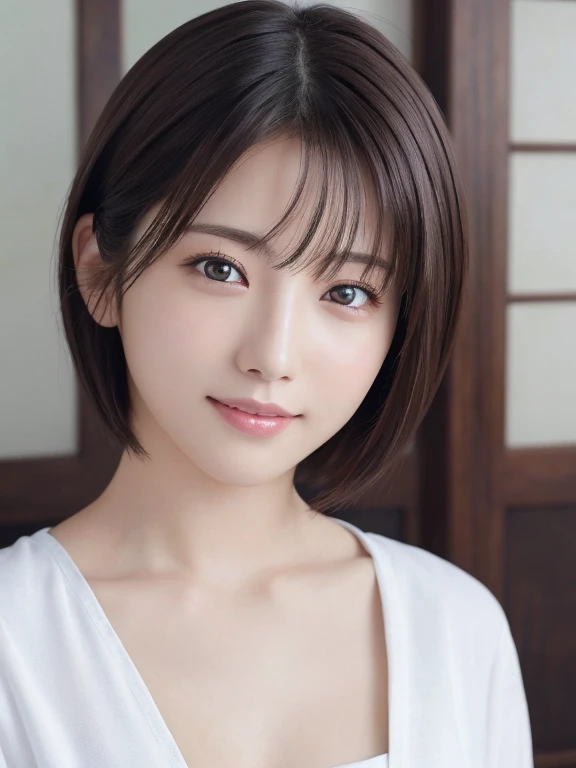 masterpiece、Highest quality、High resolution、Japanese women、(RAW Photos, Highest quality), (reality, Realistic:1.4) Tabletop、wallpaper、reality的、Bright lighting、Professional Lighting、Face Light、Smooth lighting、Adult、sexy、Crystal skin、very detailed eyes and face, Beautiful and detailed nose, beautiful eyes, Perfect Anatomy、short hair、Brunette Hair、Iris、Squint your eyes and laugh、Looking at the camera