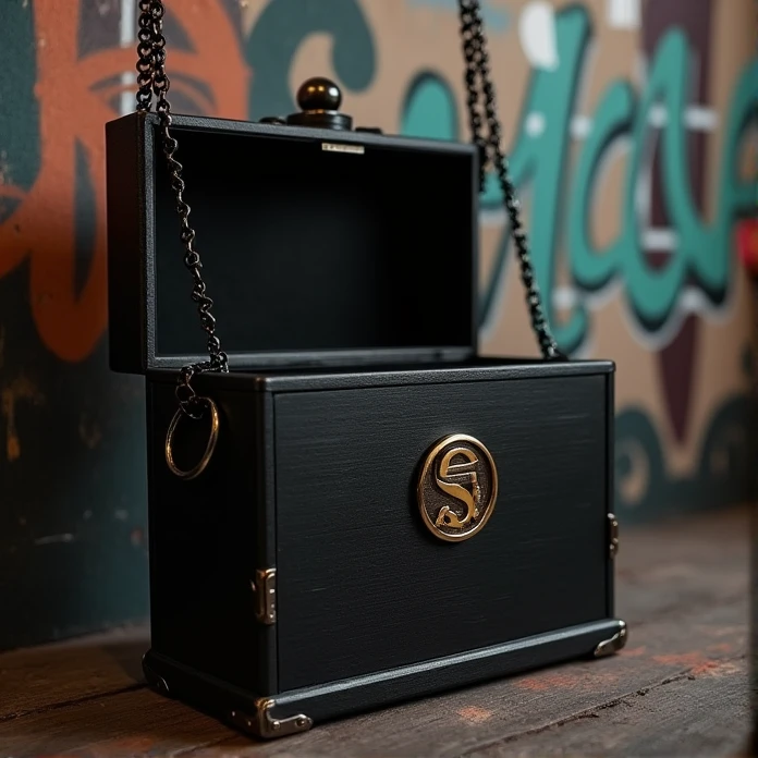 Luxury details，Black box half open，Metal brushed texture is faintly visible，Graffiti art embellishes the space，The central golden logo shines，Edge inlaid with exquisite metal，Showing nobility in a low-key manner。Elegantly dangling from a metal chain，Add a touch of uninhibited style。