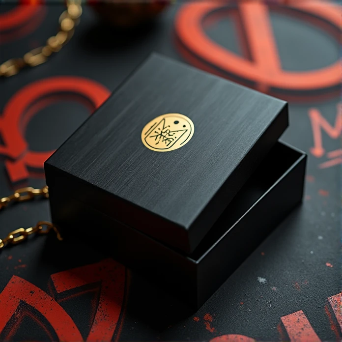 Luxury details,Black box half open,Metal brushed texture is faintly visible,Graffiti art embellishes the space,The central golden logo shines,Edge inlaid with exquisite metal,Showing nobility in a low-key manner。Elegantly dangling from a metal chain,Add a touch of uninhibited style。