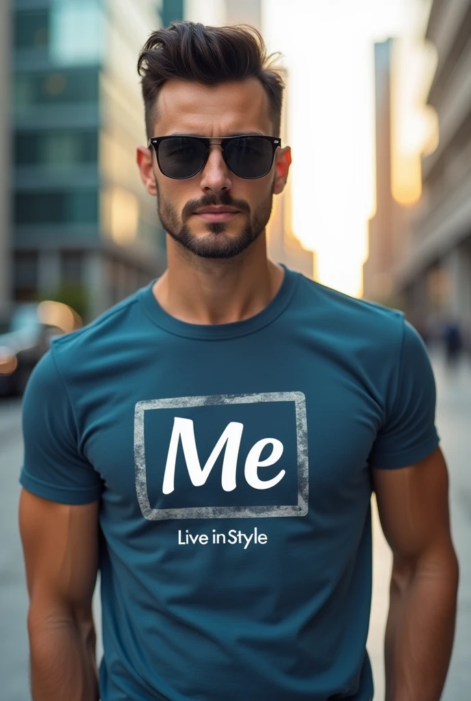 A  handsome man wearing t-shirt of brand name Me show tagline live in style include brand logo properly mention words whatever given