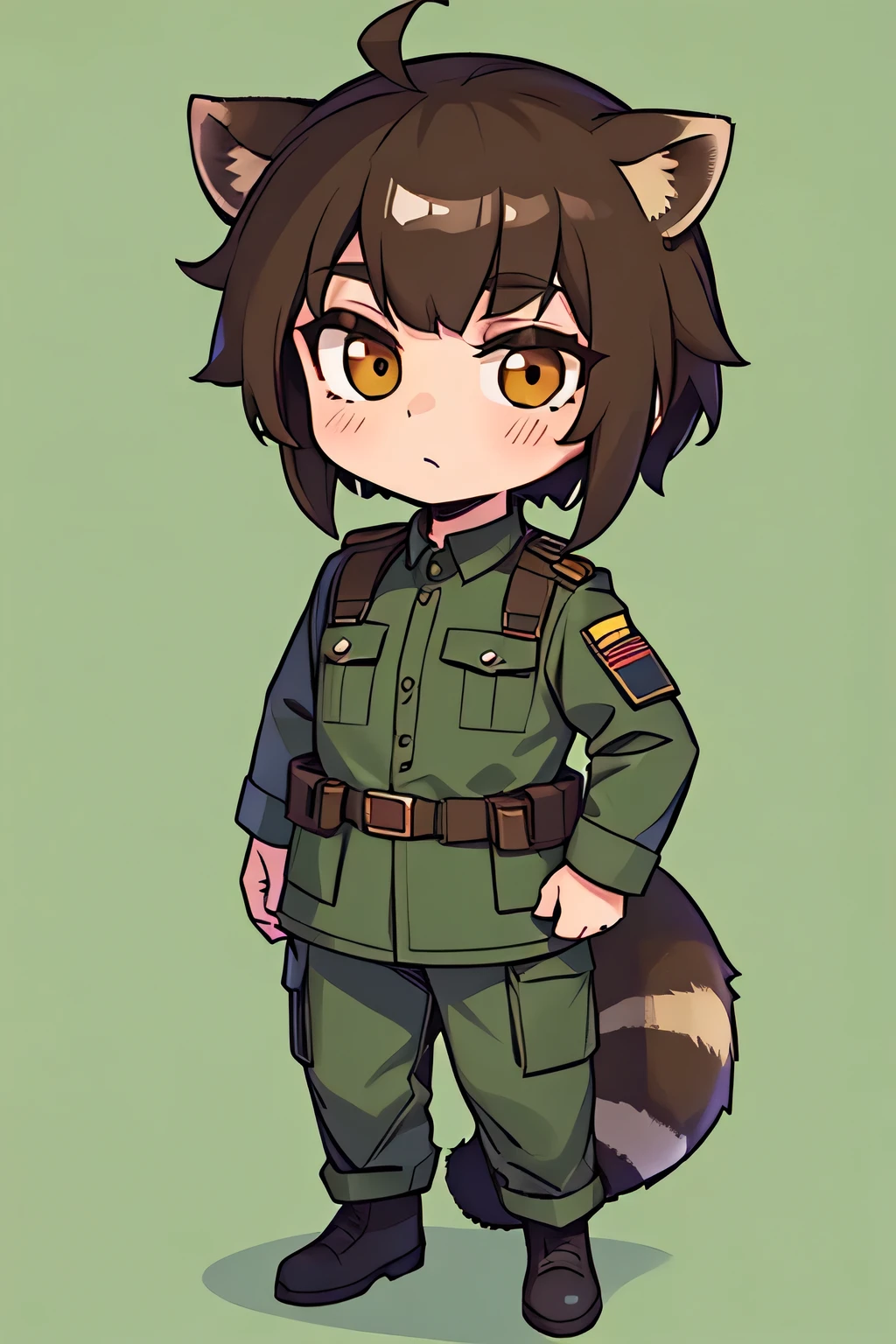 1Man,military uniform,chibi,full body,green background,Brown hair,Raccoon ears,