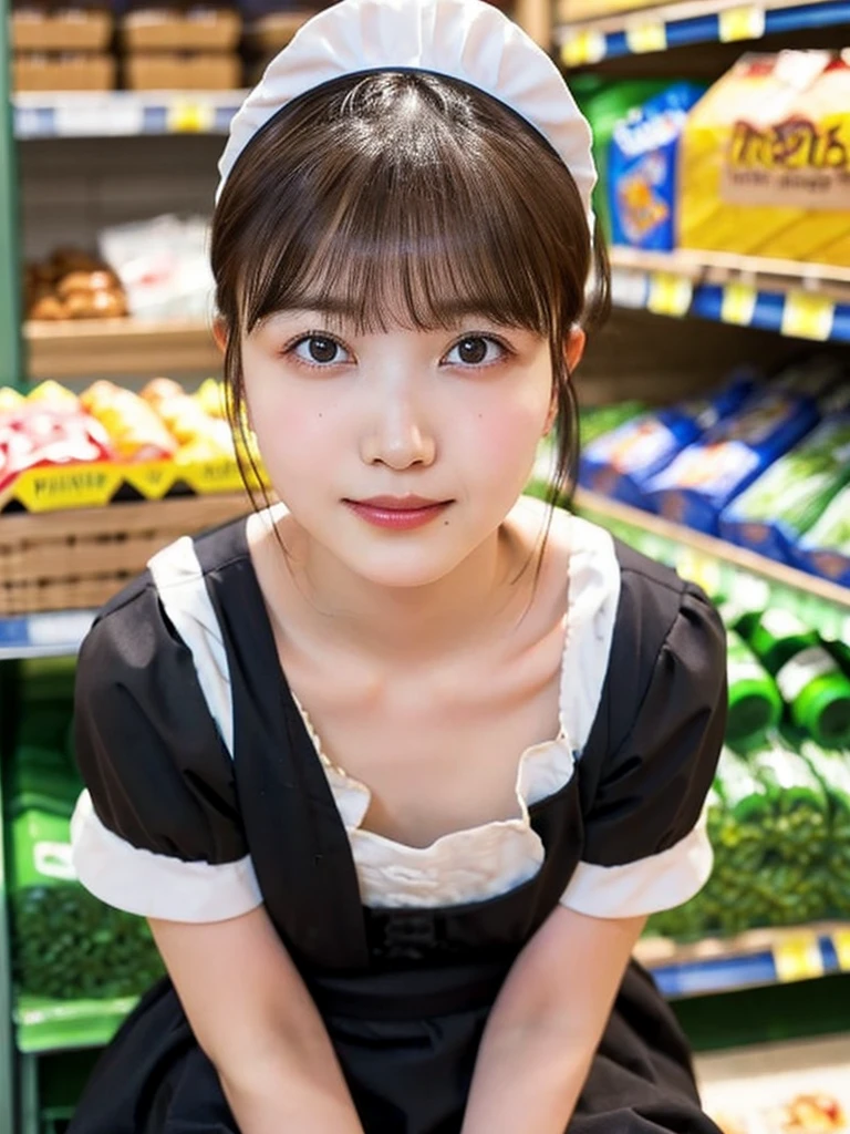 One Girl, (beautiful girl, Delicate girl:1.3), (:1.3),
break, (Maid Costume:1.3),
break, (Sitting in the supermarket:1.2),
break, Very beautiful eyes, (Symmetrical eyes:1.3),
break, Small breasts, Brown eyes, Parted bangs, Brown Hair, (Upper teeth, The best smile:0.2),
break, (Eye and facial details:1.0),
break, (masterpiece, Highest quality, Very detailed, Detailed face, 8k)