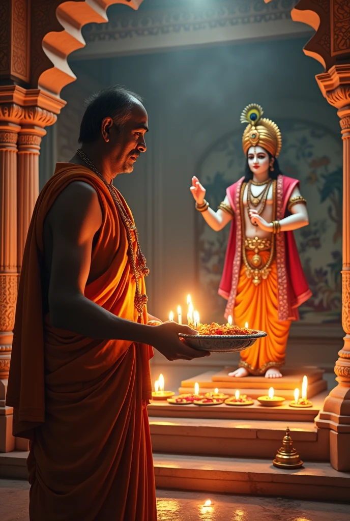 Here’s a prompt for a Pujari (priest) performing Aarti of Lord Krishna in a mandir:

"Inside a beautifully adorned temple, a Pujari ji is performing Aarti for Lord Krishna. The Pujari, dressed in traditional attire with a dhoti and a shawl draped over his shoulders, holds a silver Aarti plate filled with lit oil lamps, incense sticks, and flower petals. The glow from the lamps illuminates the richly decorated idol of Lord Krishna, who is dressed in vibrant, ornate garments with a peacock feather crown. The temple is filled with the soft sound of ringing bells and chanting devotees. The atmosphere is serene and divine, with soft light filtering through the temple windows, casting a warm glow on the intricate carvings and colorful frescoes that adorn the temple walls."
