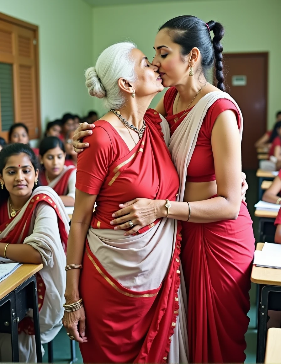 (Masterpiece),(8K),(High Quality),luxurious items surrounded bright lightened girls' school class room,Infront of indian age girls students in school uniforms,Two Indian 70 years old eldery perfect figure grandmas,wildly deep kissing together,teenstudent girls enjoying it with opened excited eyes,breast taken out from saree,aged breast,saggy,ass exposed,granny ass,granny vigina,granny breast,indian grandmas in slick back tight hair bun,thier hairs so wet since they cought into oil rain befroe comes to classroom,But their bodies and skins are totaly dry,only hairs are caught into oil rain,oil pulpted in thair hairs,all these girls ladies and grandmas hairlines are extremely wet and are highly reflect shining due to heavy-oil pulptation on the hair,but they are slick combed showcasing hair lines visually