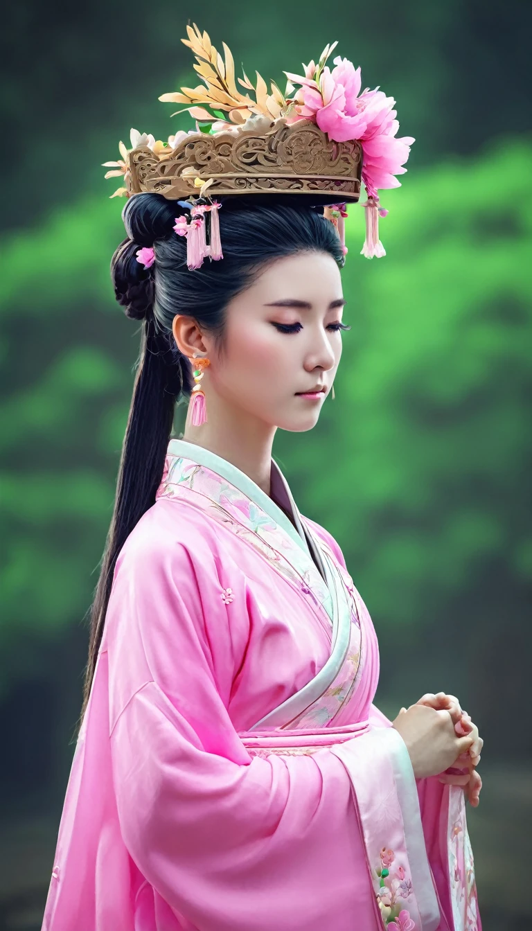 araffe woman in a pink dress with a flower crown on her head, a colorized photo inspired by Lan Ying, trending on cg society, realism, hanfu, palace ， a girl in hanfu, ancient chinese princess, a beautiful fantasy empress, ancient china art style, ancient asian dynasty princess, chinese empress, white hanfu, chinese princess,looking down,