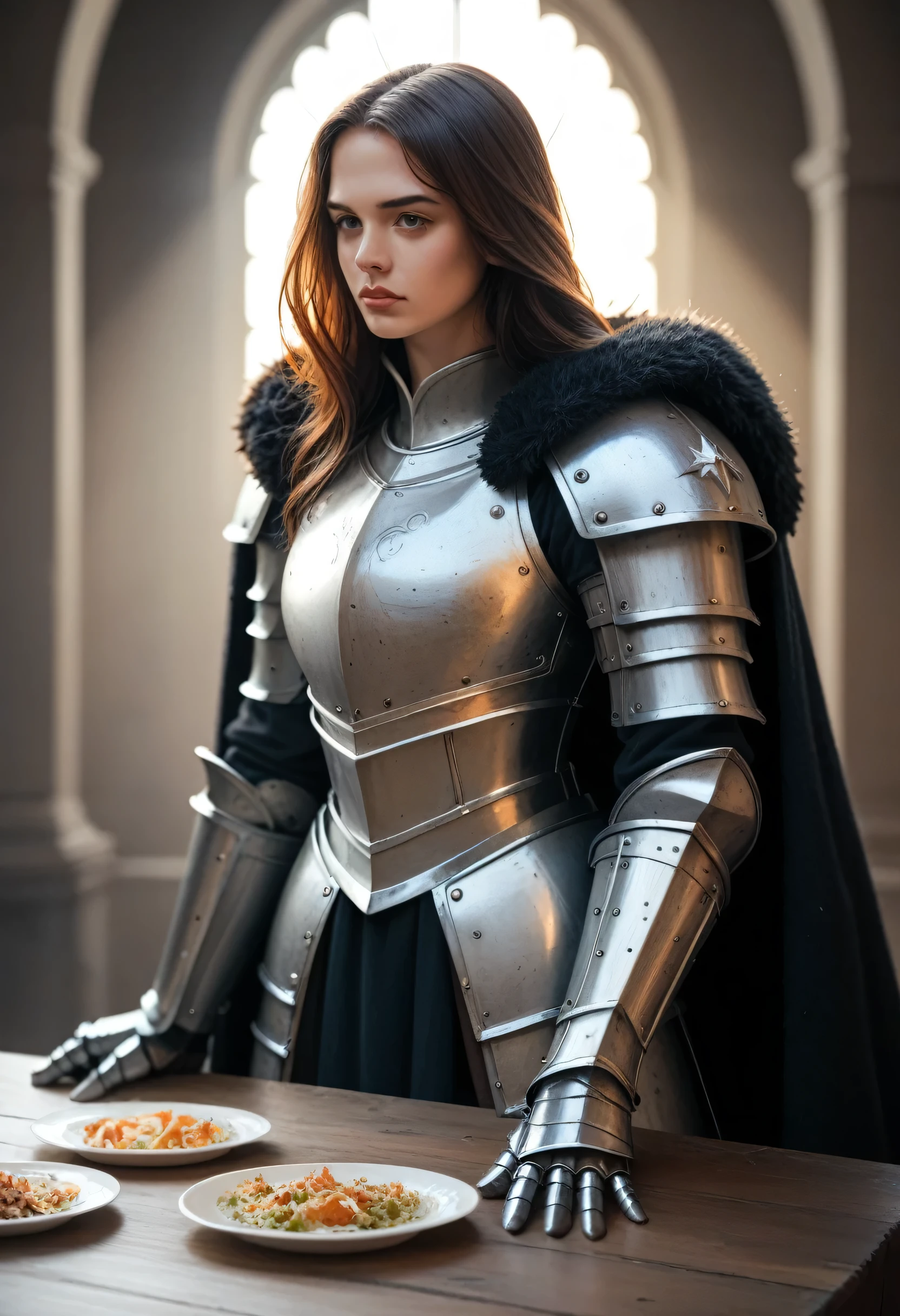 a full-armored knight girl, dark armor, fur cape, extremely detailed, masterpiece, 8k, ultra-detailed, hyper-realistic, cinematic lighting, dramatic shadows, intricate details, photorealistic, highly detailed, sharp focus, intricate textures, armor plates, steel gauntlets, flowing cloak, medieval fantasy, epic, dramatic