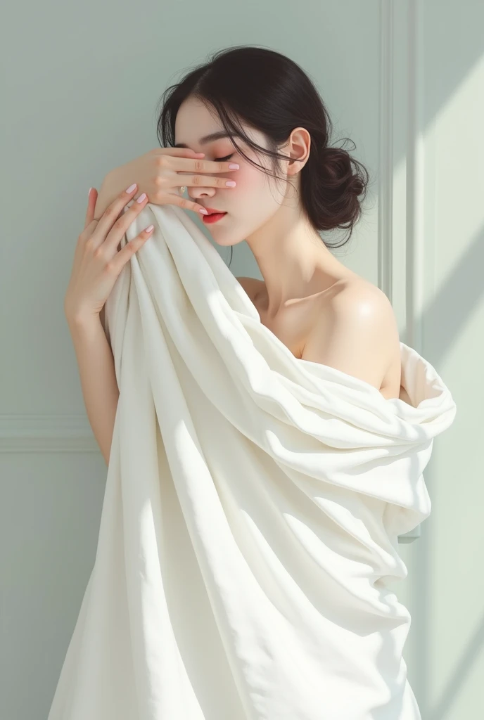 A Woman Holding a White quilt away from her Body with one Hand and covering her eYes with the other Hand gracefully