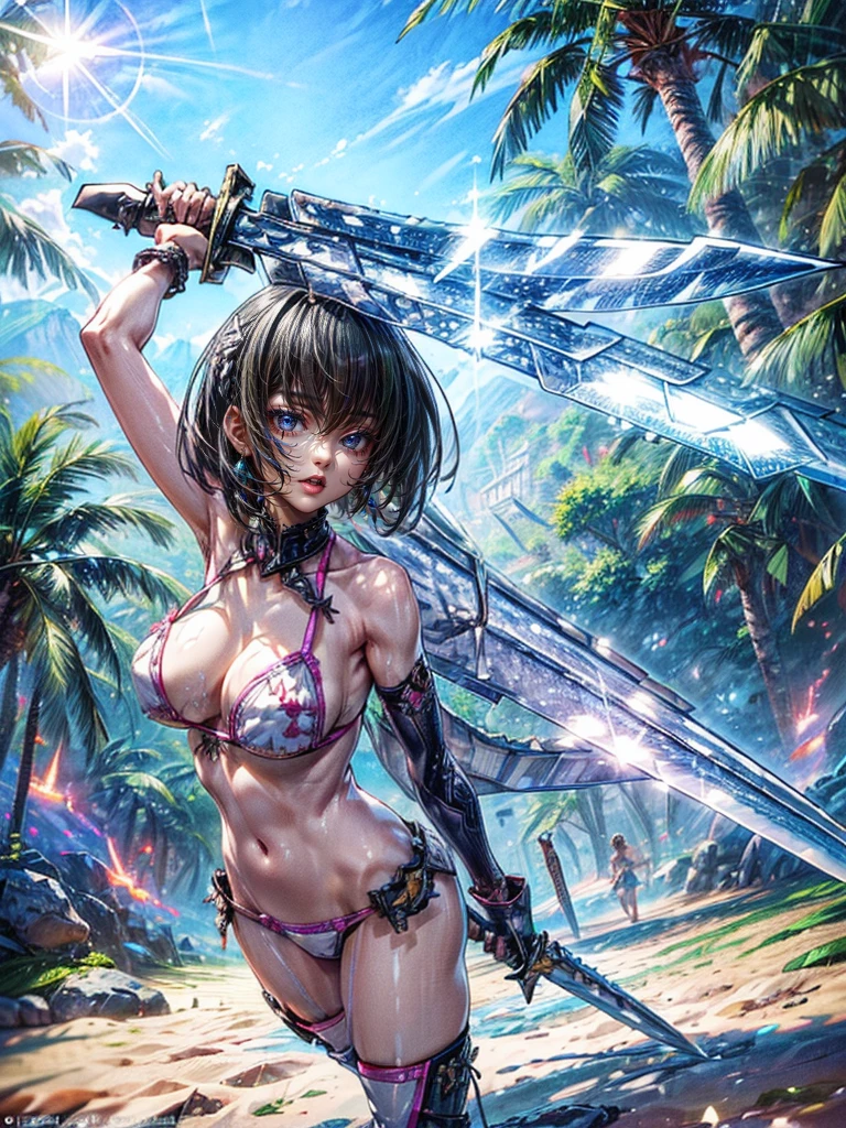 Hyper Quality、8K quality、High resolution、Image quality captured with a single-lens reflex camera、Perfect Anatomy、BREAK.

((A beautiful high detailed bikini girl.lands on the beach、Immediately after landing))(Pink mechanical bikini👙)(sunrise stance:1.5, (holding weapon:1.4),(high detailed.BigSword:1.4)),（Highly detailed hands） (Portrait:1.2)（Tropical Island🌴:1.5）（Giant Sword:1.4）