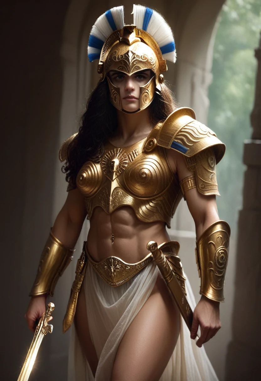 beautiful muscular antique greek spartan warrior girl, detailed face with piercing eyes, flowing dark hair, wearing ornate spartan helmet with ornate gold and bronze details, wearing detailed spartan battle armor with intricate gold and bronze designs, holding a golden sword, dramatic lighting, cinematic angle, highly detailed, photorealistic, 8k, masterpiece