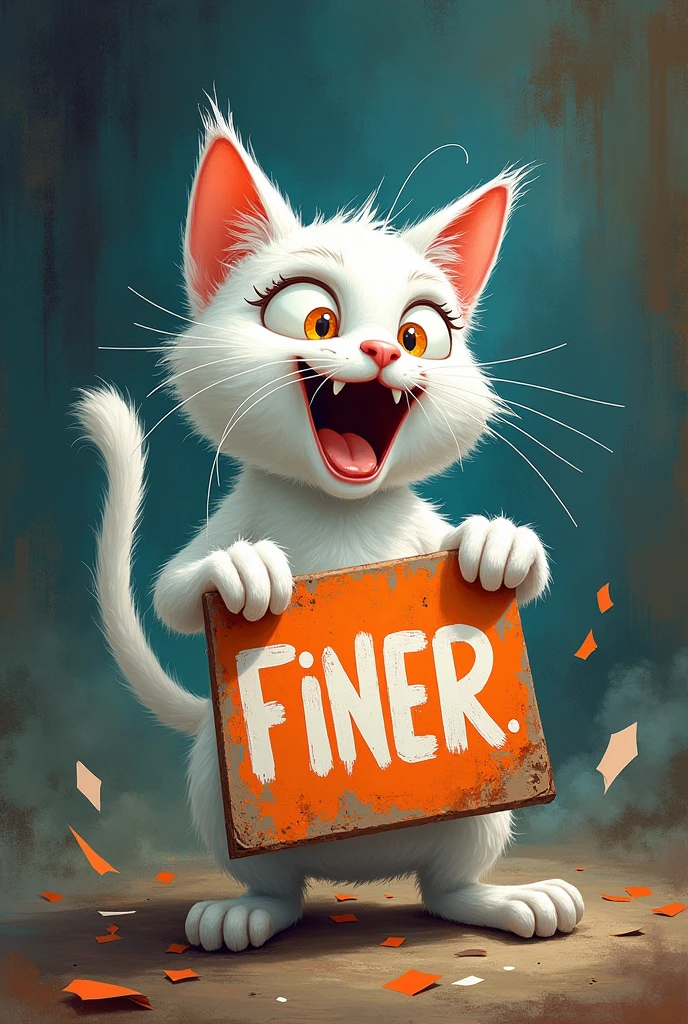 Crazy white cat, holding a warning sign : I freaked out and threw my stick at Dona Chica