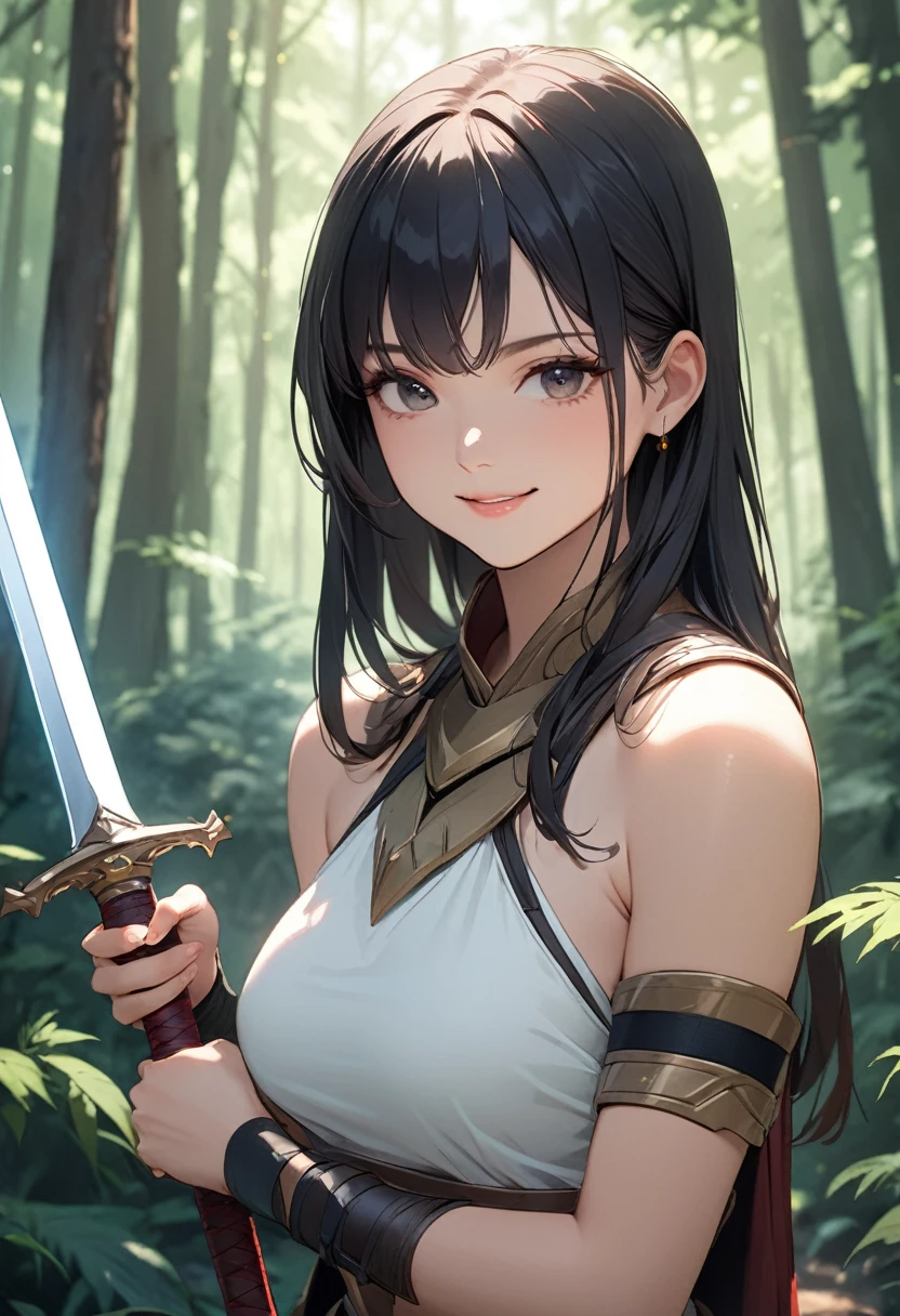 (masterpiece:1.5),(Beat quality),(high res),1girl solo,beautiful face,smile,upper body,Warrior Woman,Holding a sword in both hands,forest,It&#39;s snowing