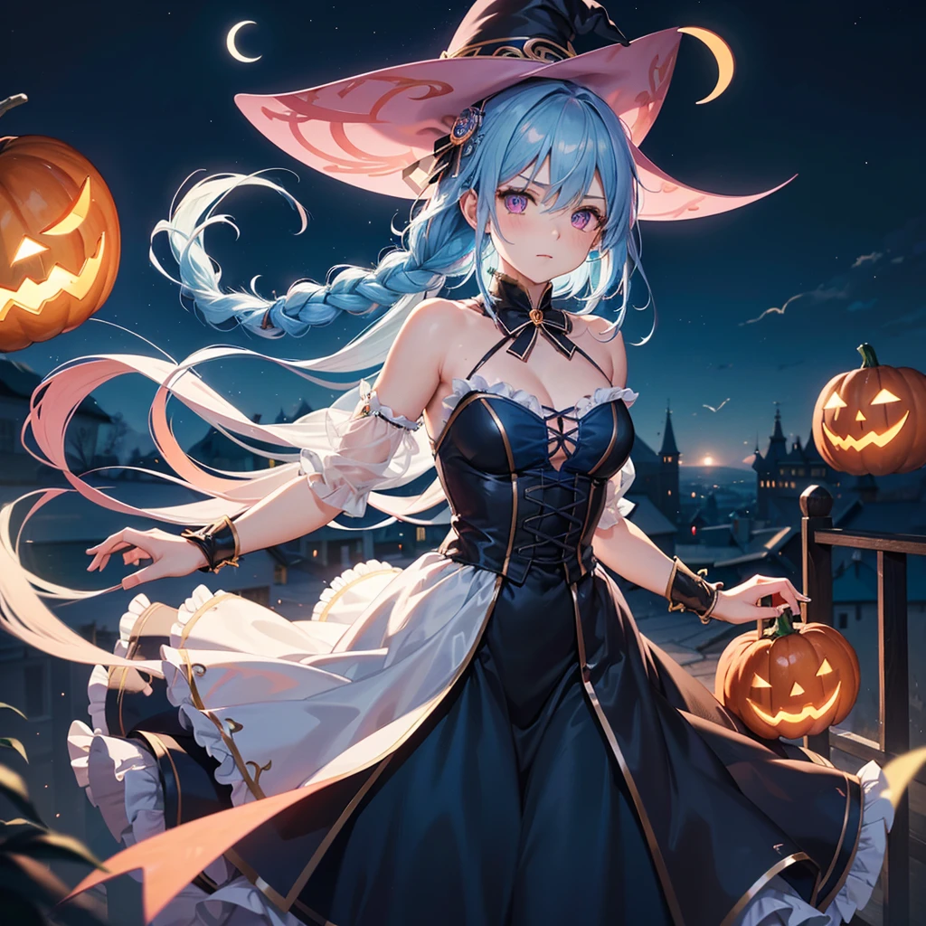 (Sky Blue Hair),(Braided medium hair:1.2), (Pink Eyes),Fair skin) ,(whole body),(One Girl),(Crescent Moon),(There are many pumpkin ghosts in the background),(If you don't give me sweets, I'll be mischievous.),Halloween Night Party),(masterpiece, Highest quality, Very detailed, Best Shadow), (Detailed Background), (Beautifully detailed face), High Contrast, (Best lighting, Very delicate and beautiful), ((Cinematic Light)), Hyper Detail,8k, Dramatic Light, Intricate details,Witch&#39;s Clothes,Magic broom,night,Bats flying in the background,