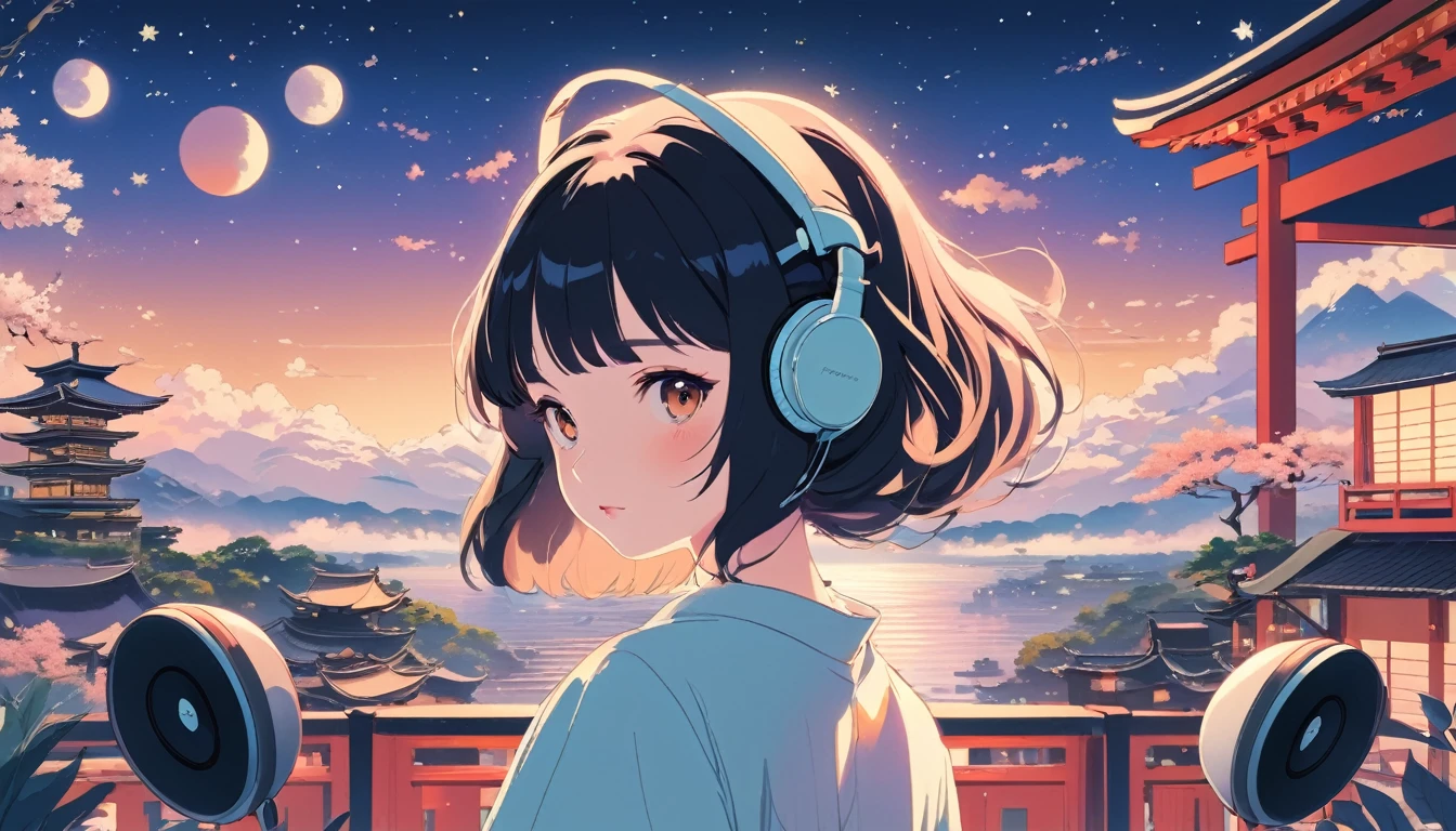 Japanese style headphones、Maiko、fan、Wide-angle lens, Lofi Anime, Lofi illustration, Aesthetic atmosphere, Lo-Fi Style, Vector art, Flat Design, Simple shape, Warm tones, Pleasant atmosphere, Chill, In anime style, Digital drawing, Vector art, Vector logo for t-shirt printing, (Adorable:1.5), (small:1.4), (Playful:1.2), (soft:1.3), (Whimsical:1.1), masterpiece, Highest quality, 8k, Intricate details, grow, Celestial, Mysterious, Picturesque, amazing, Majestic, Magic, Fantasy art, Cover art, dream-like