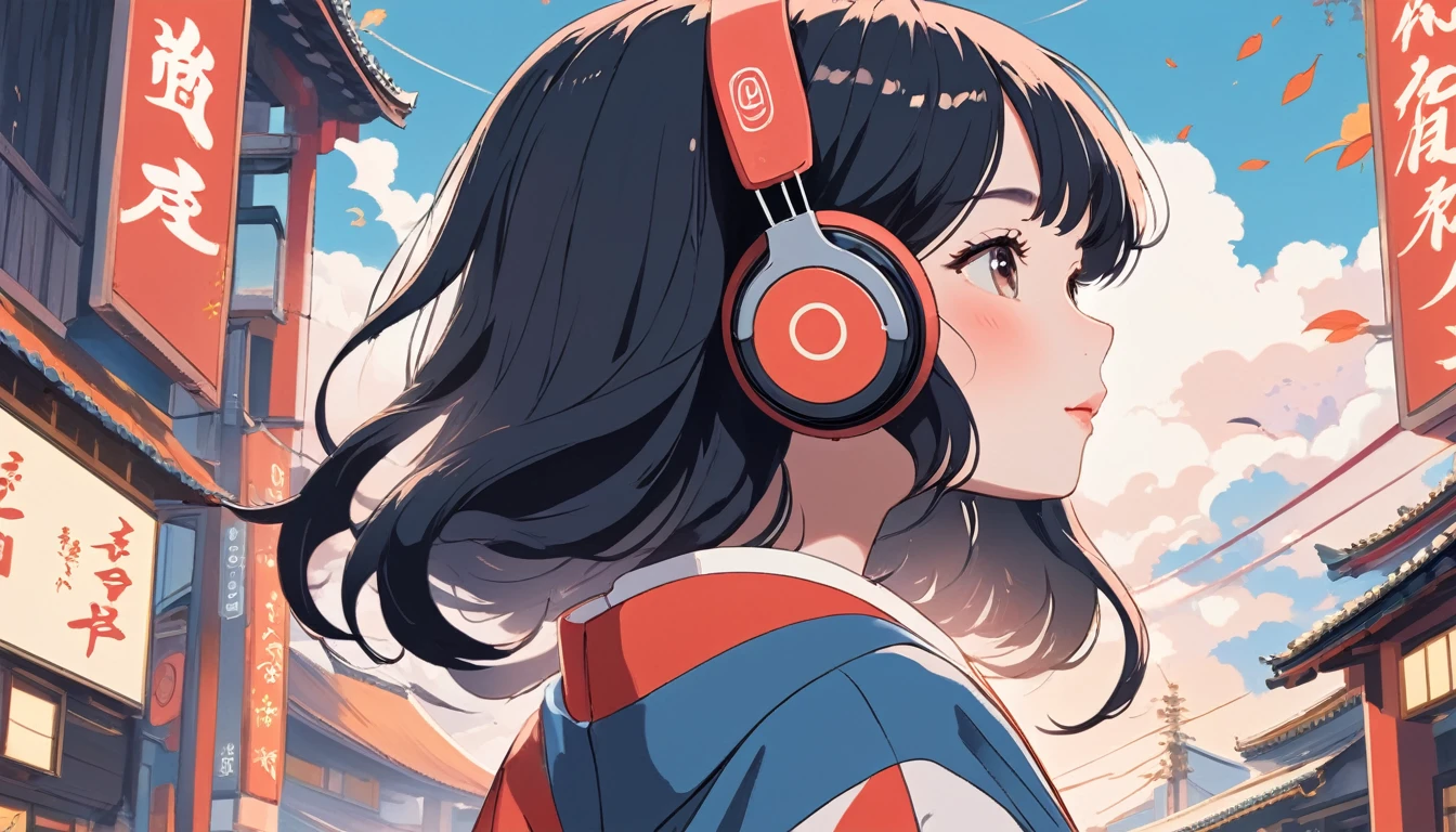 Japanese style headphones、Maiko、fan、Wide-angle lens, Lofi Anime, Lofi illustration, Aesthetic atmosphere, Lo-Fi Style, Vector art, Flat Design, Simple shape, Warm tones, Pleasant atmosphere, Chill, In anime style, Digital drawing, Vector art, Vector logo for t-shirt printing, (Adorable:1.5), (small:1.4), (Playful:1.2), (soft:1.3), (Whimsical:1.1), masterpiece, Highest quality, 8k, Intricate details, grow, Celestial, Mysterious, Picturesque, amazing, Majestic, Magic, Fantasy art, Cover art, dream-like