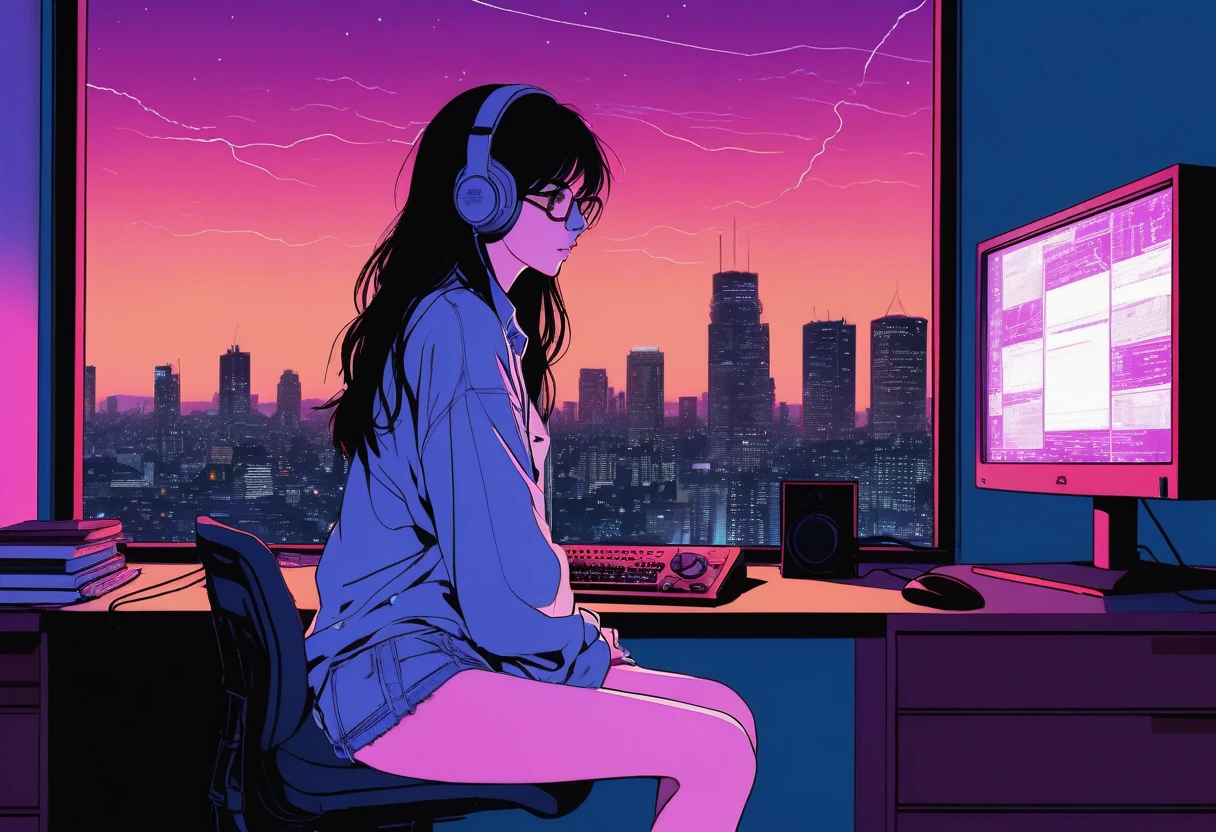 XXMix,Silhouette of frightened woman hiding in a 1980's radio station, neon light, in the style of coloring book comic, full body, raw hand drawn style, (from behind), Anime girl sitting in front of a computer in a cozy bedroom, Girl listening to music while studying in a cozy room (night), round glasses, Using headphones, on the roof, (beautiful night views from windows), lots of things, 2D anime style, The aesthetics of anime in the 90s, lo-fi, long hair, very detailed, hard disk, A mix of anime style and Fujifilm, surreal, 8k, masterpiece, violet eyes,black gloves, round glasses, long sleeves,violet hair, Flat Chest, smile, pantyhose