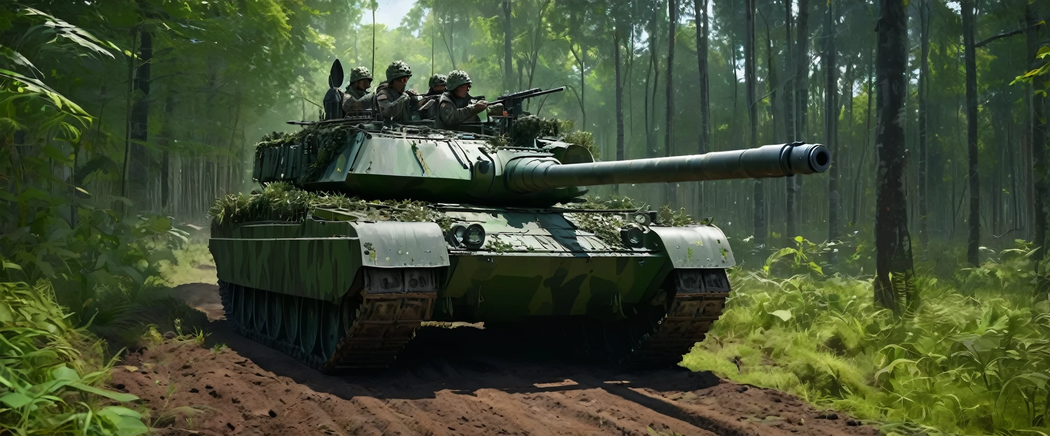 Chieftain tank driving through the forest,The tank is painted in forest camouflage.、The hull and gun barrel are camouflaged with grass and leaves..Realistic dirt and dents,high quality, High resolution, masterpiece, 最high quality4k, 8k,Super detailed,Realistic,Dramatic lighting,Professional photography,