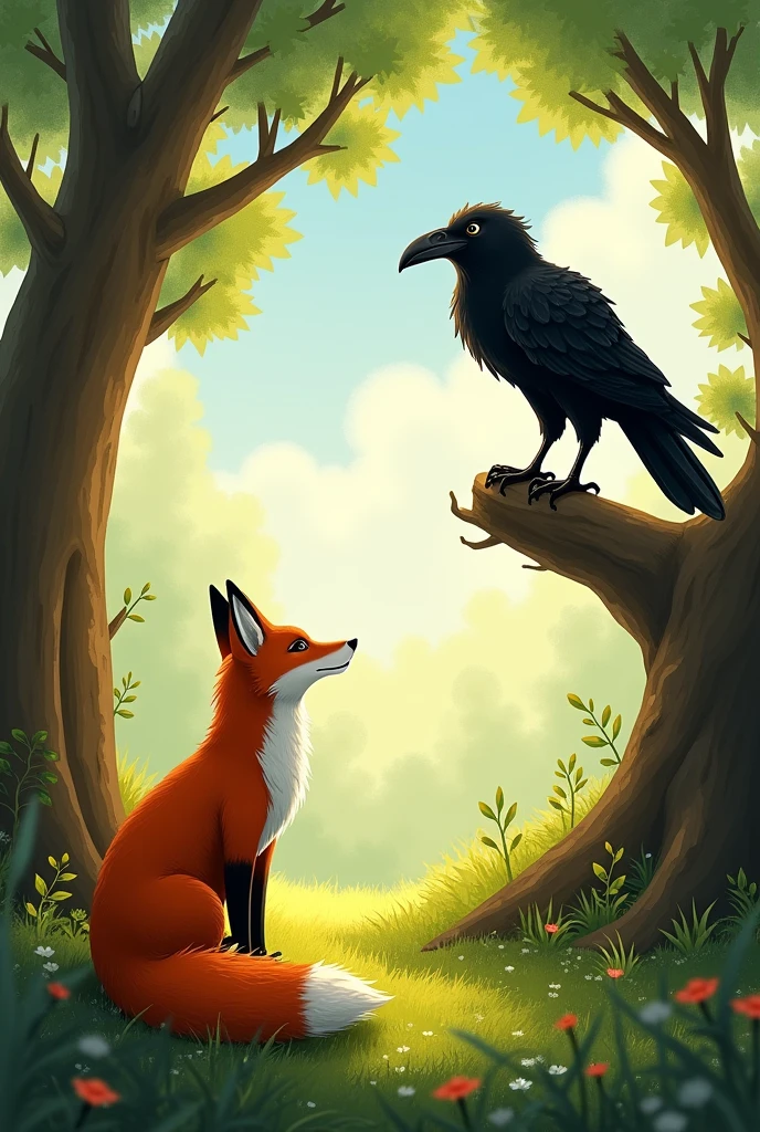 940*788 px : Fox and crow story , crow on the tree