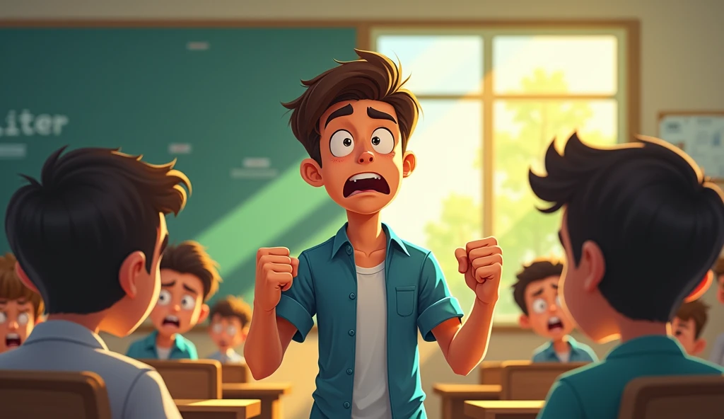 /image prompt: student, boy clenching fist to classmate,  alwas angry ,confrontation, classmates scared of him when everytime saw him, in classroom, no one want to stay near him, Q-version character, intense atmosphere, sunlight filtering through trees, exaggerated expressions, emotional tension, empty space around, clean colors like blue yellow like this, cartoon style, high detail, dynamic composition, HD, 16k --ar 3:4 --v 6.0
