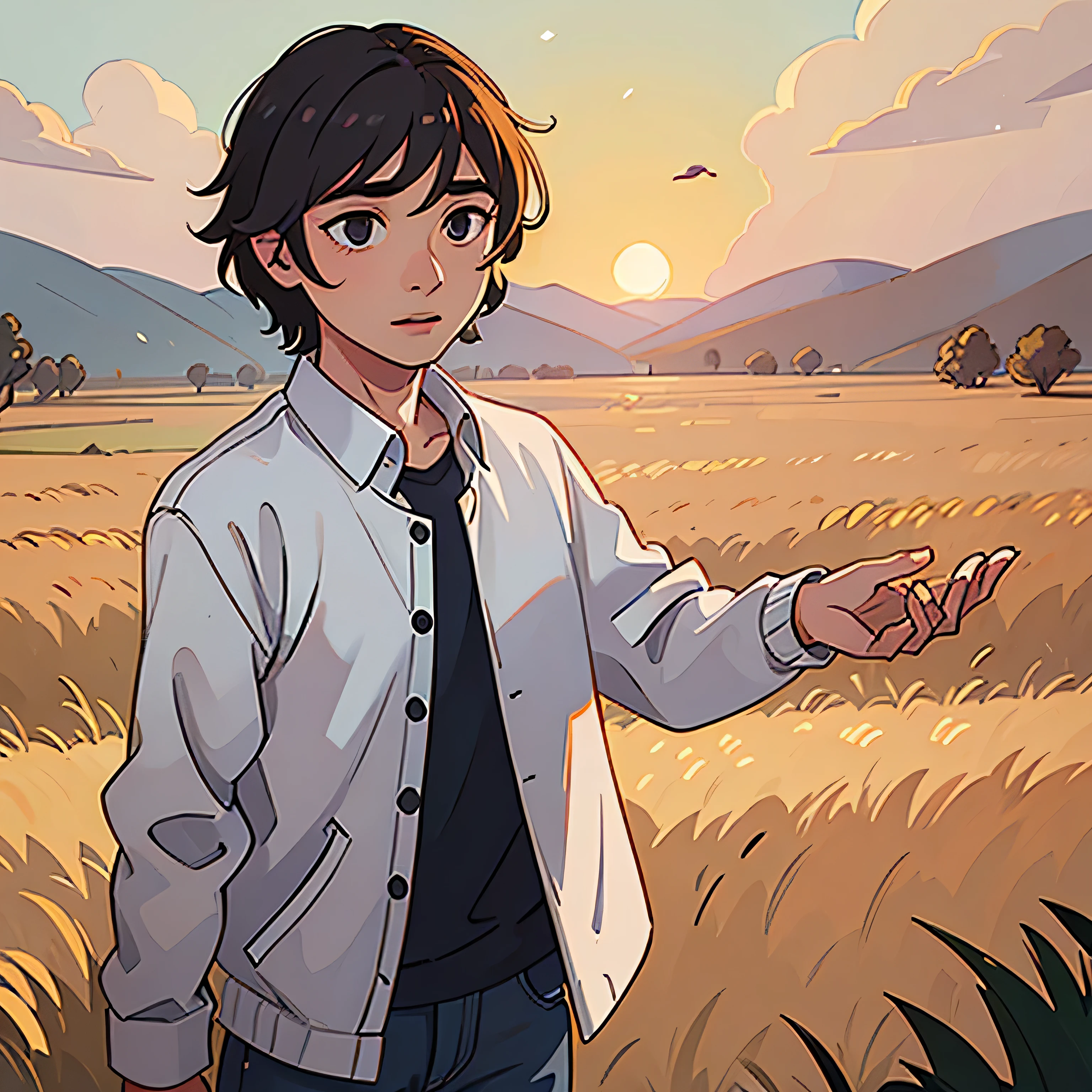 a man taking selfie on the steppe field, morning light, wearing a white shirt, jeans, man, man, man , man, realistic, photorealistic, photo-realistic:1.37, best quality,4k,8k,highres,masterpiece:1.2,ultra-detailed,HDR,UHD,studio lighting,ultra-fine painting,sharp focus,physically-based rendering,extreme detail description,professional,vivid colors,bokeh,landscape,natural lighting,warm color tones,golden hour